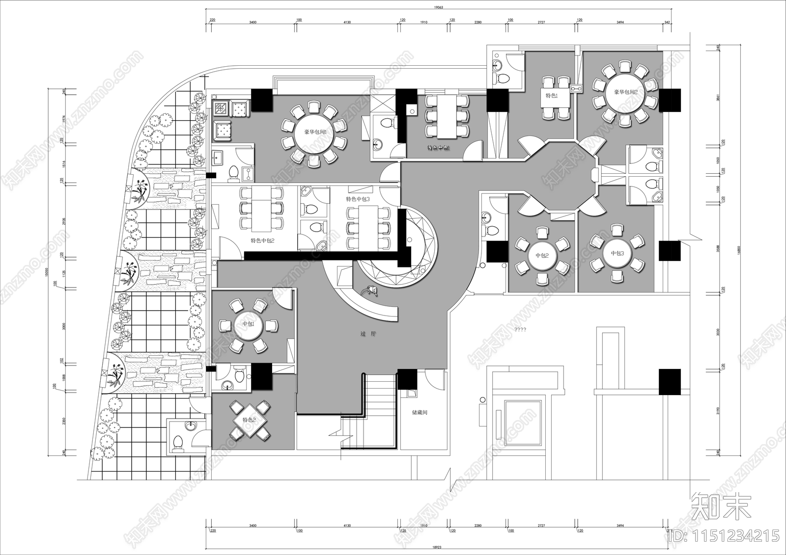 300㎡餐厅平面布局方案施工图下载【ID:1151234215】