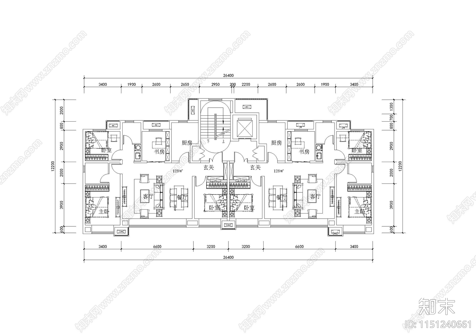 128四室两厅两卫横厅户型cad施工图下载【ID:1151240661】