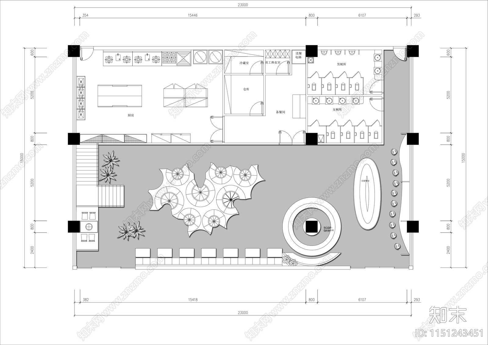 300㎡自助餐厅平面布局图施工图下载【ID:1151243451】