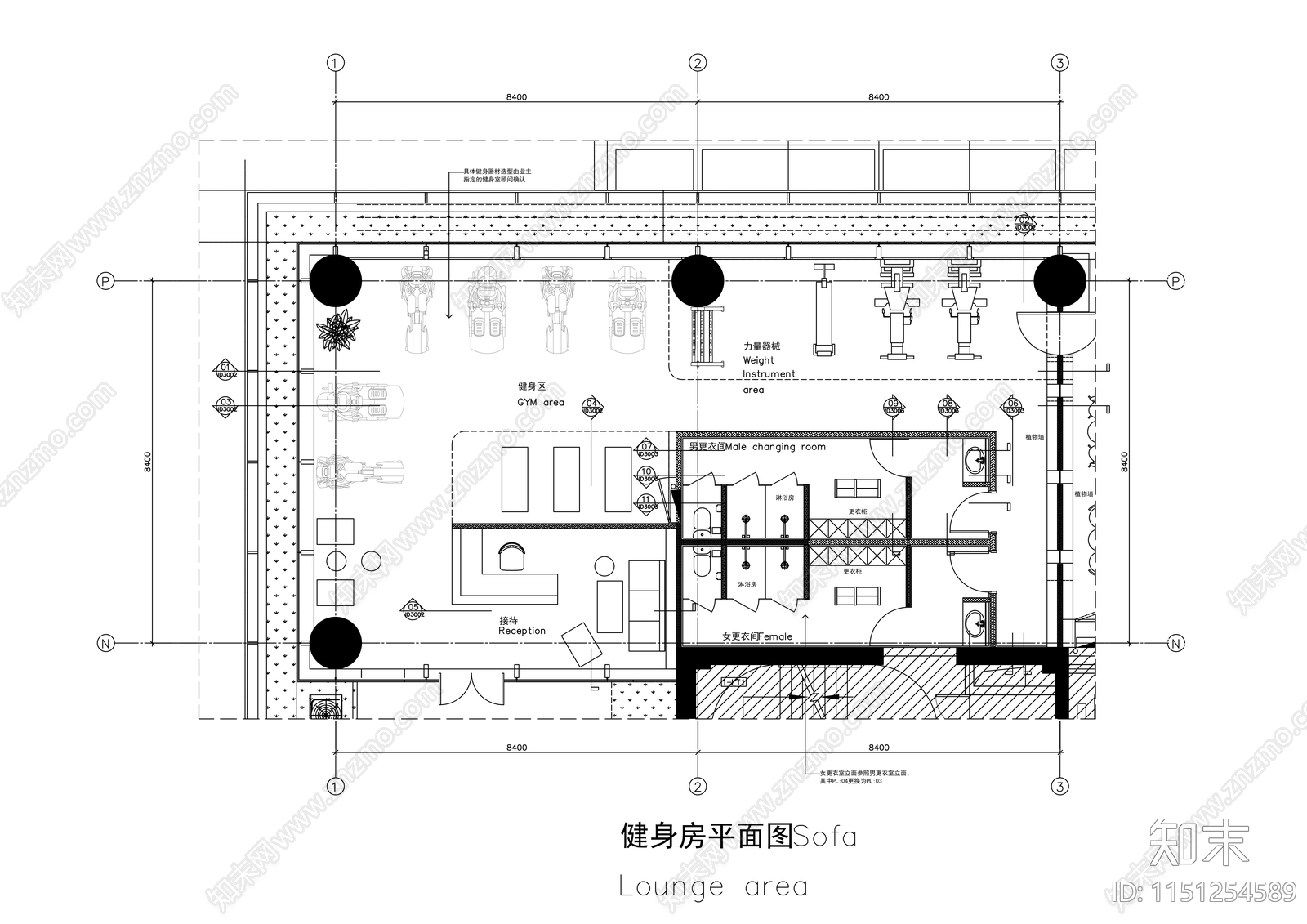 健身房平面图cad施工图下载【ID:1151254589】