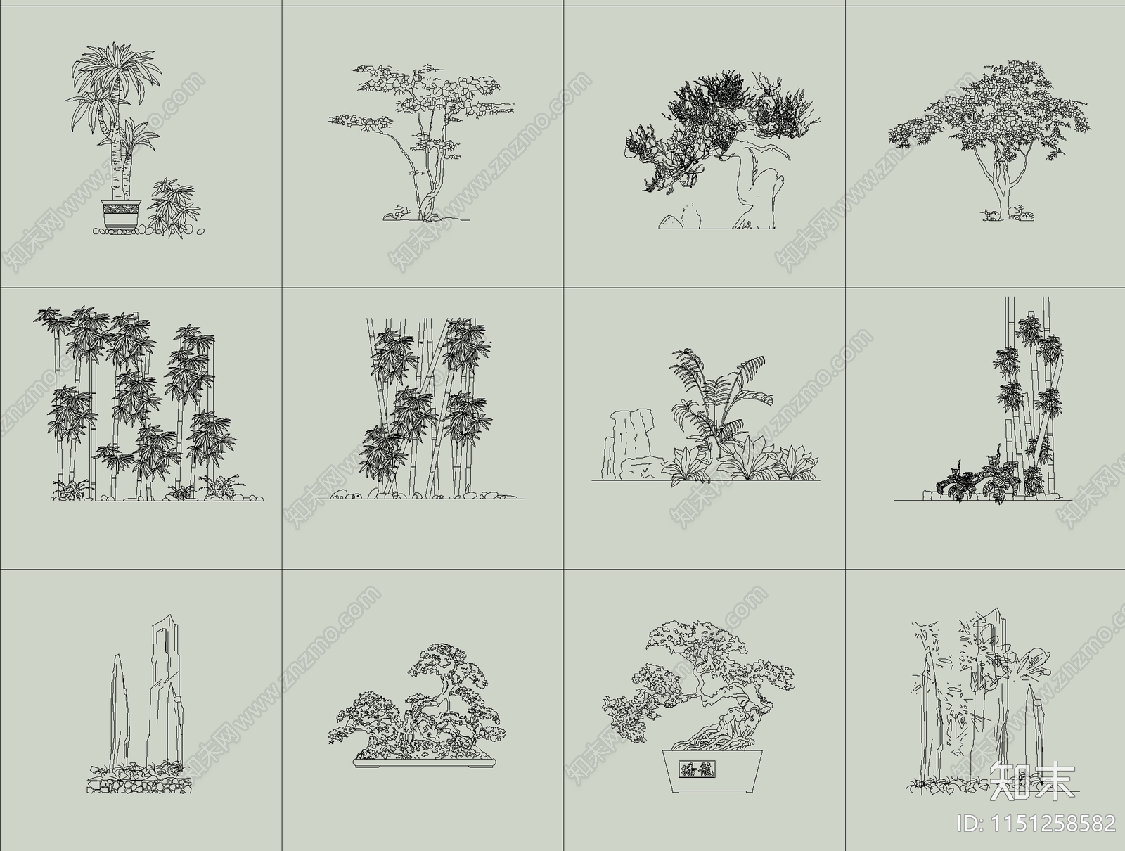 各类植物绿植盆栽盆景平面图块施工图下载【ID:1151258582】