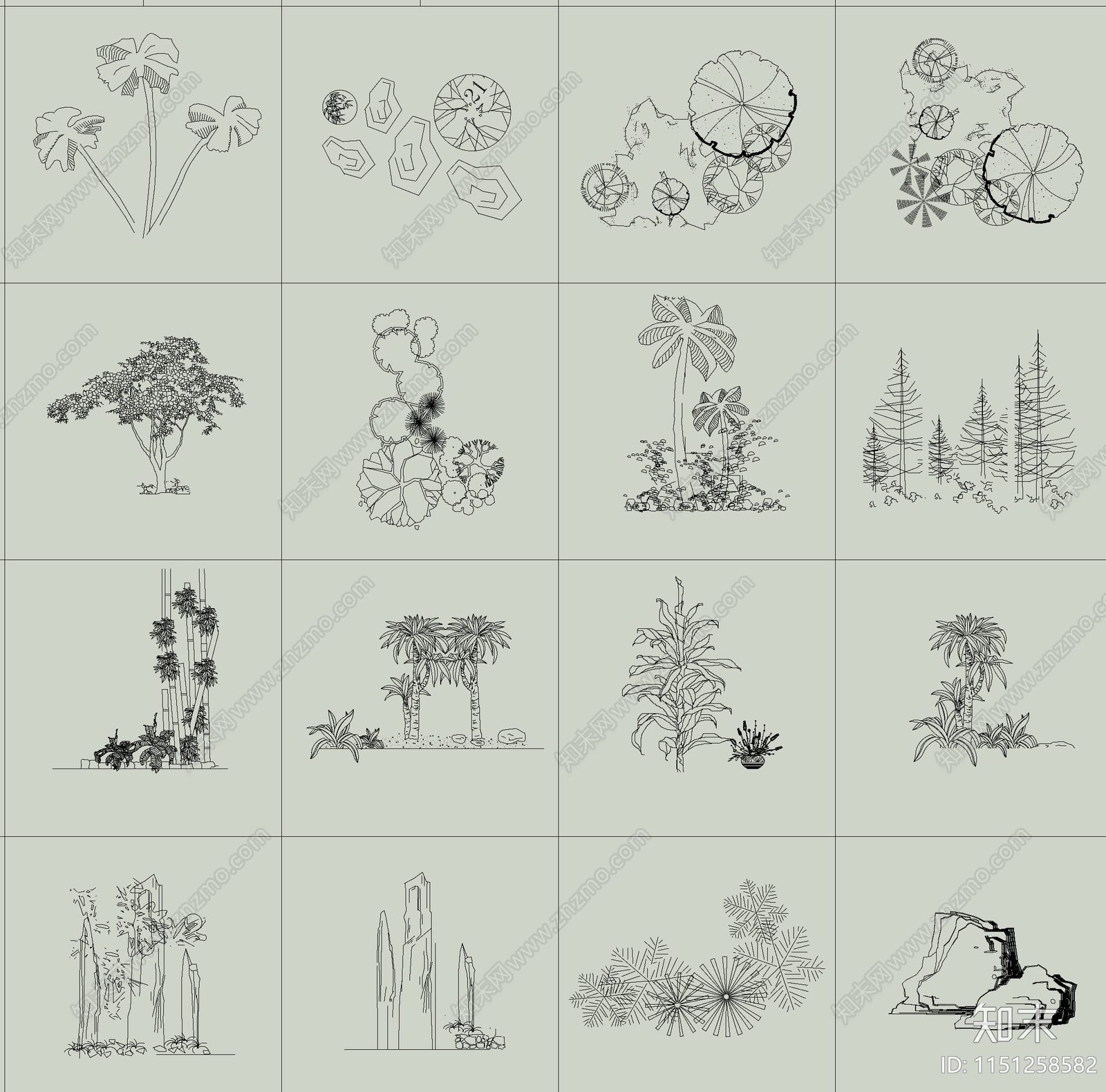 各类植物绿植盆栽盆景平面图块施工图下载【ID:1151258582】