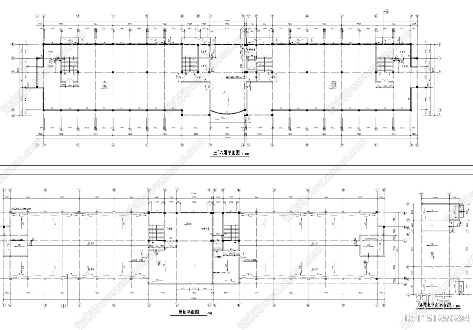 六层办公楼建筑cad施工图下载【ID:1151259294】