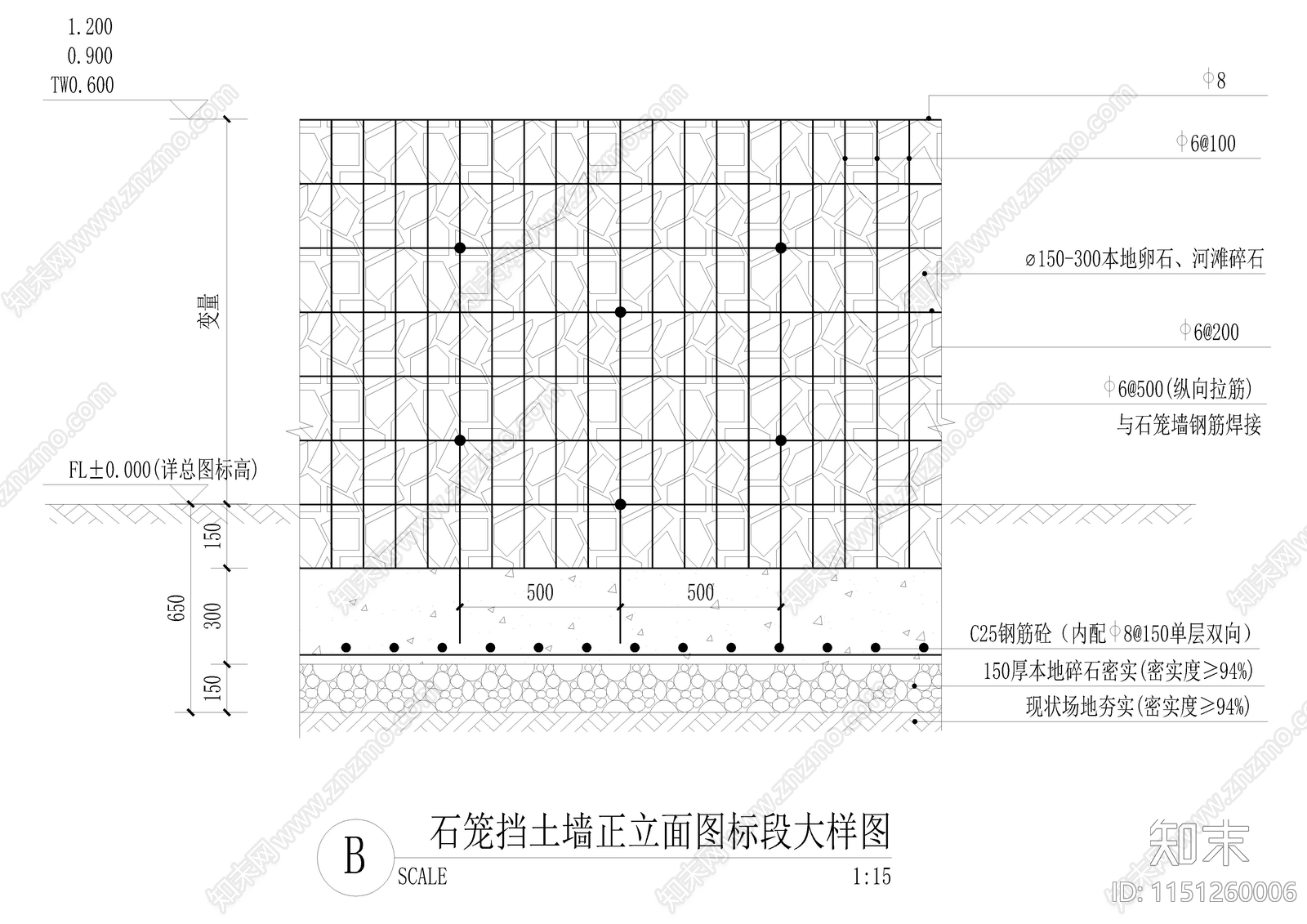 石笼网标准矮墙平立剖节点大样施工图下载【ID:1151260006】