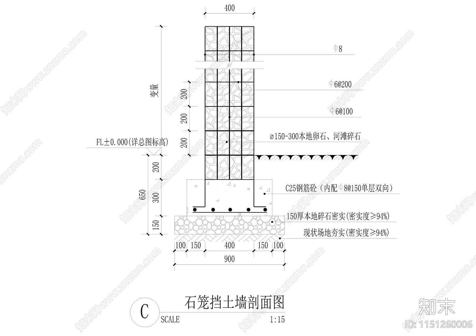 石笼网标准矮墙平立剖节点大样施工图下载【ID:1151260006】