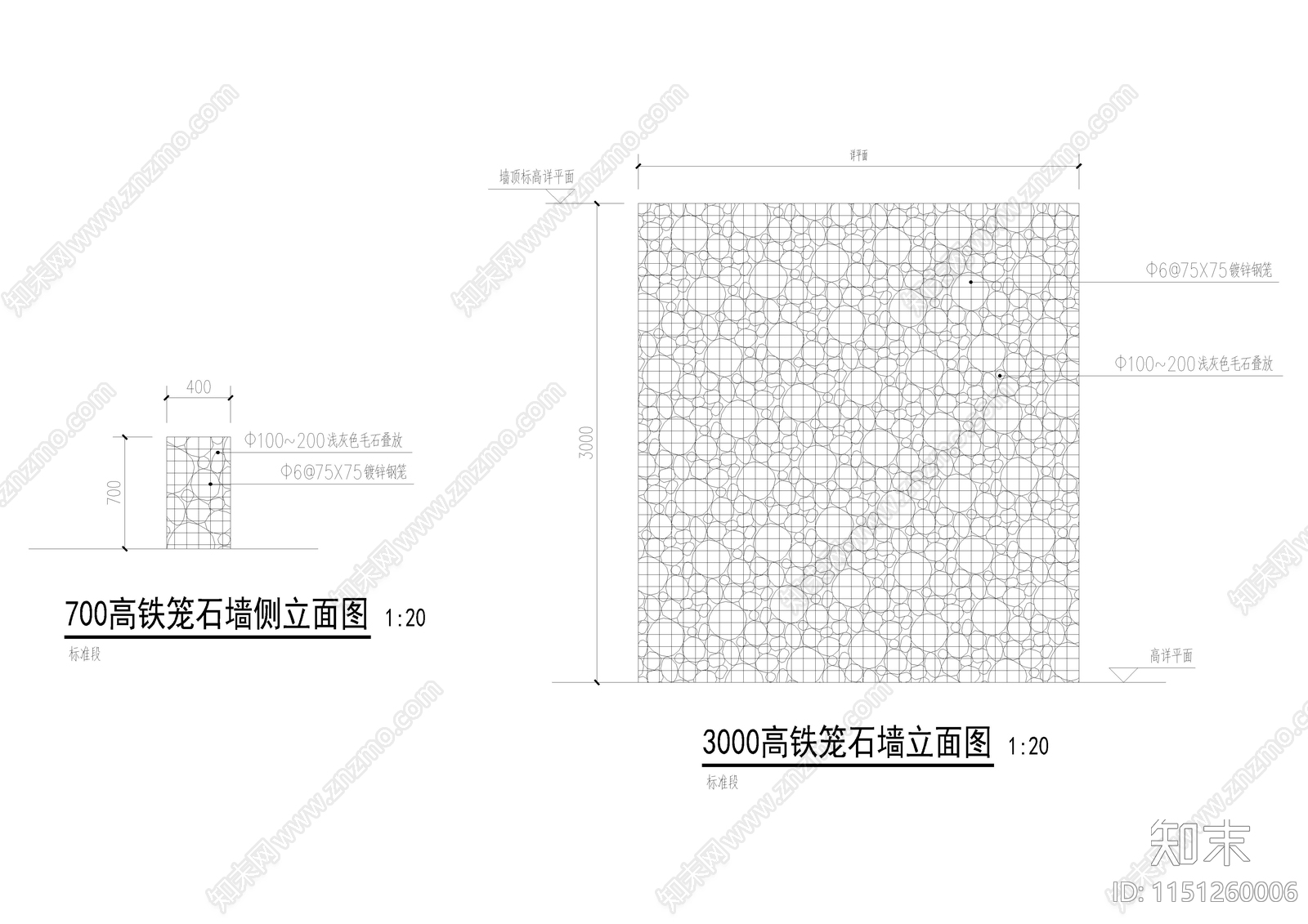 石笼网标准矮墙平立剖节点大样施工图下载【ID:1151260006】