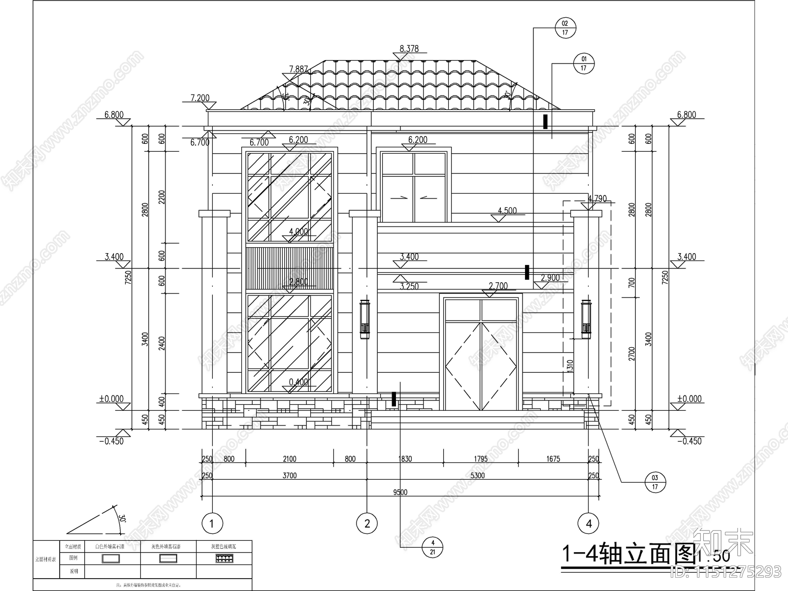 欧式两层独栋别墅建筑cad施工图下载【ID:1151275293】