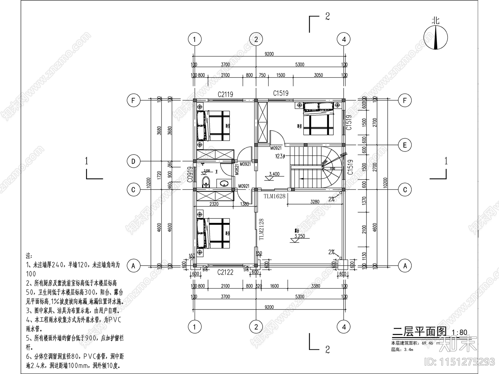 欧式两层独栋别墅建筑cad施工图下载【ID:1151275293】