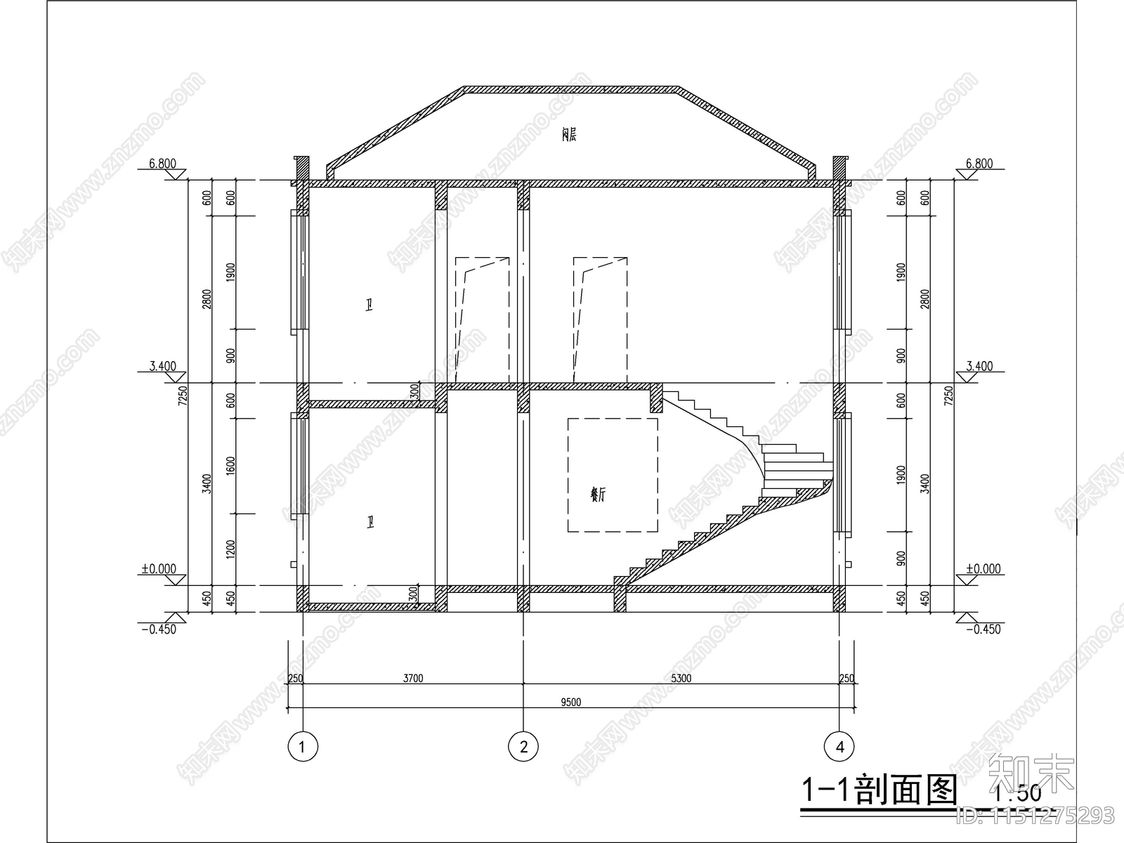 欧式两层独栋别墅建筑cad施工图下载【ID:1151275293】