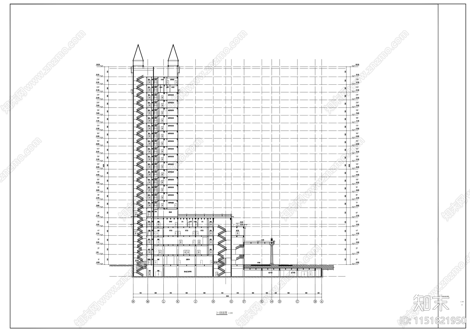 高层现代风格五星级酒店建筑cad施工图下载【ID:1151621950】