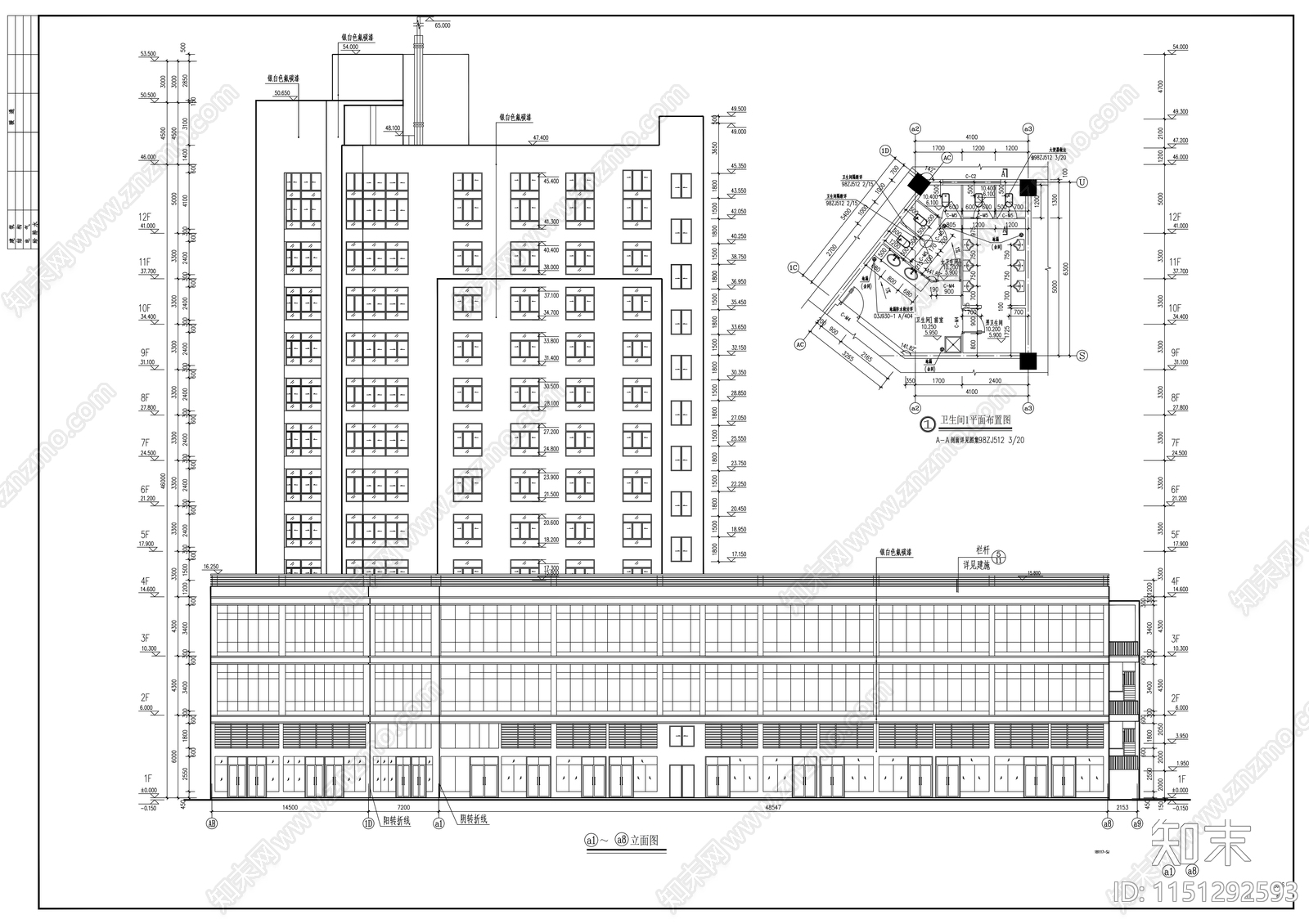 十二层商业综合体建筑cad施工图下载【ID:1151292593】