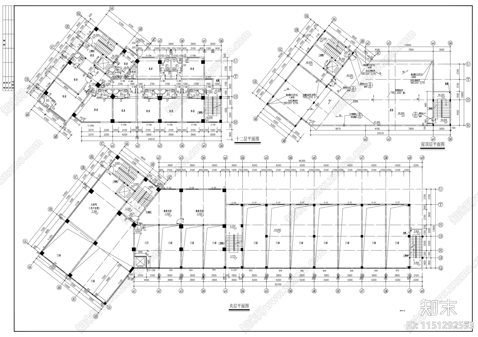 十二层商业综合体建筑cad施工图下载【ID:1151292593】