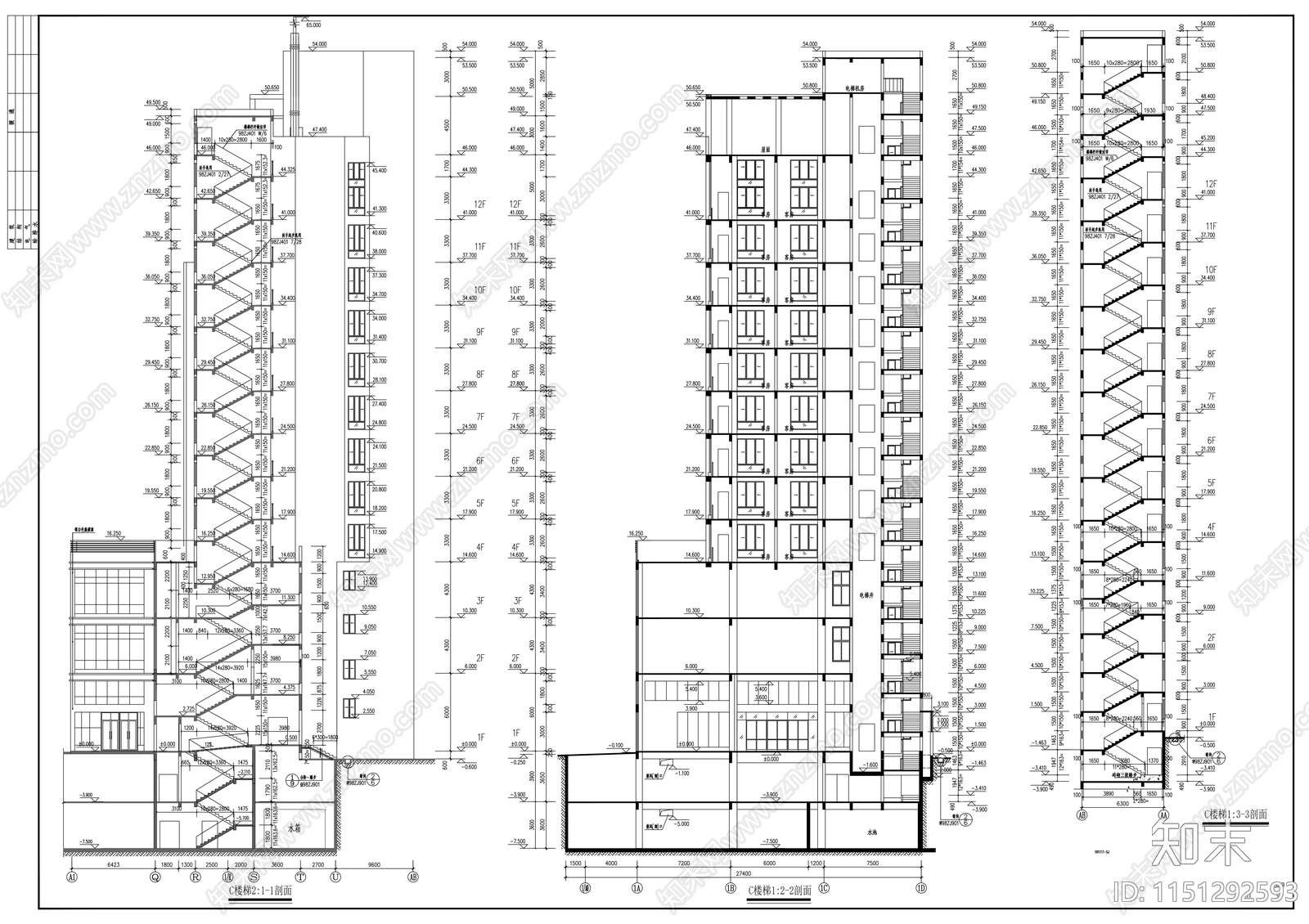 十二层商业综合体建筑cad施工图下载【ID:1151292593】