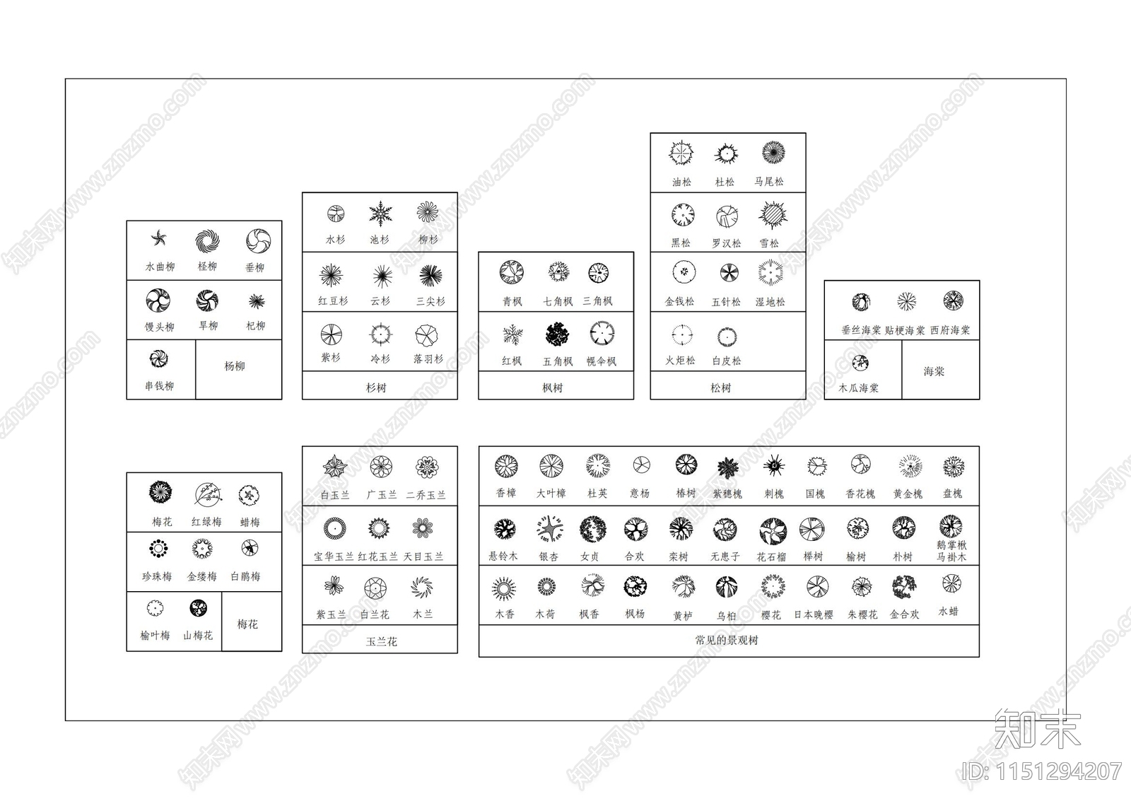 常见的景观树图库施工图下载【ID:1151294207】