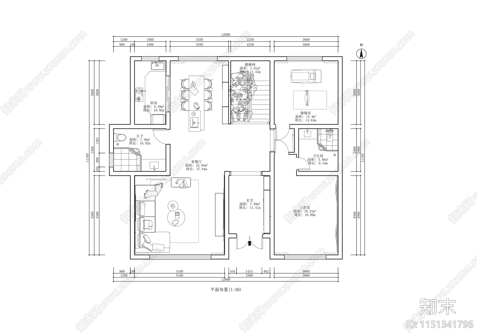 现代别墅室内cad施工图下载【ID:1151341796】