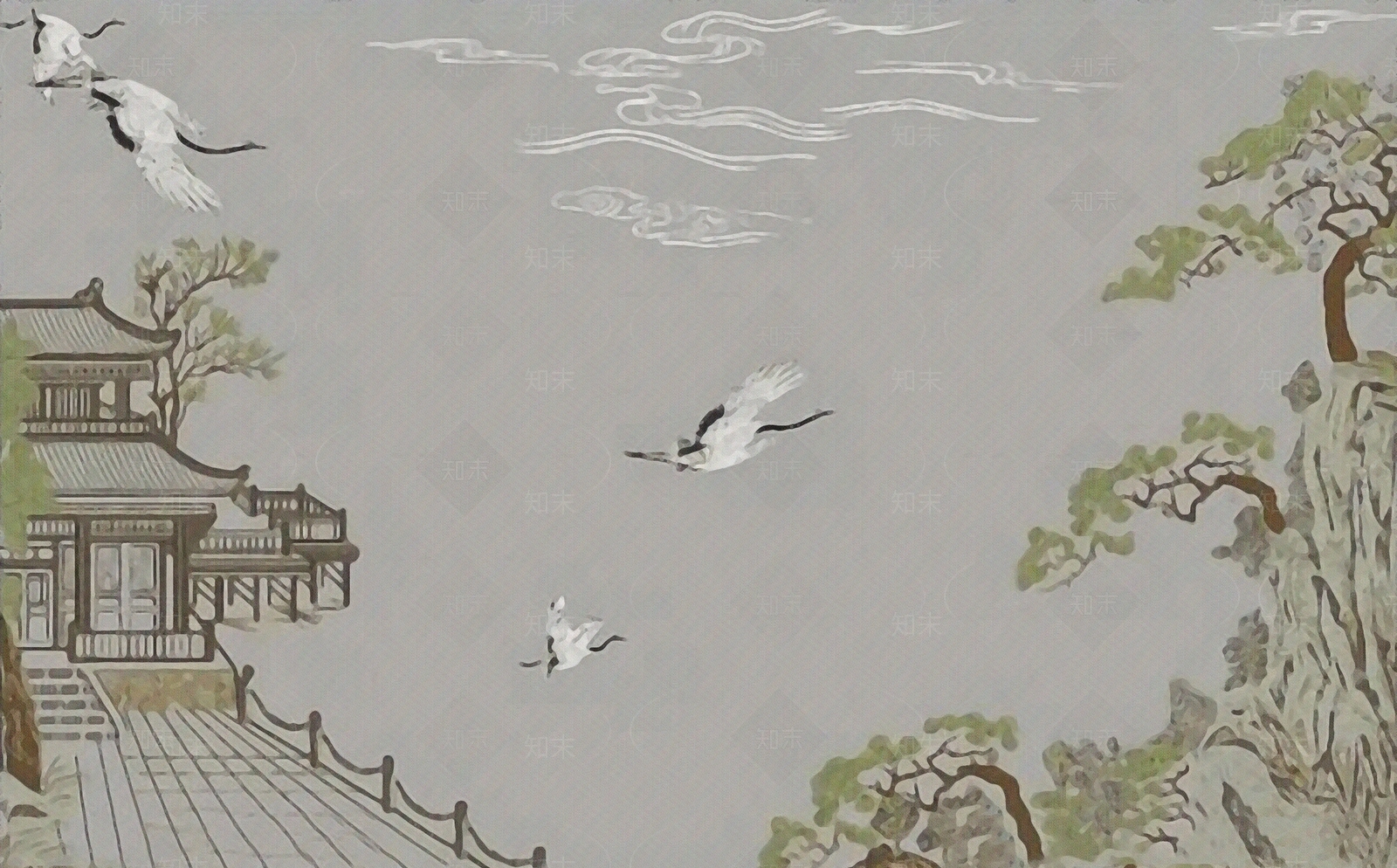 中式建筑仙鹤植物装饰画贴图下载【ID:1151299656】