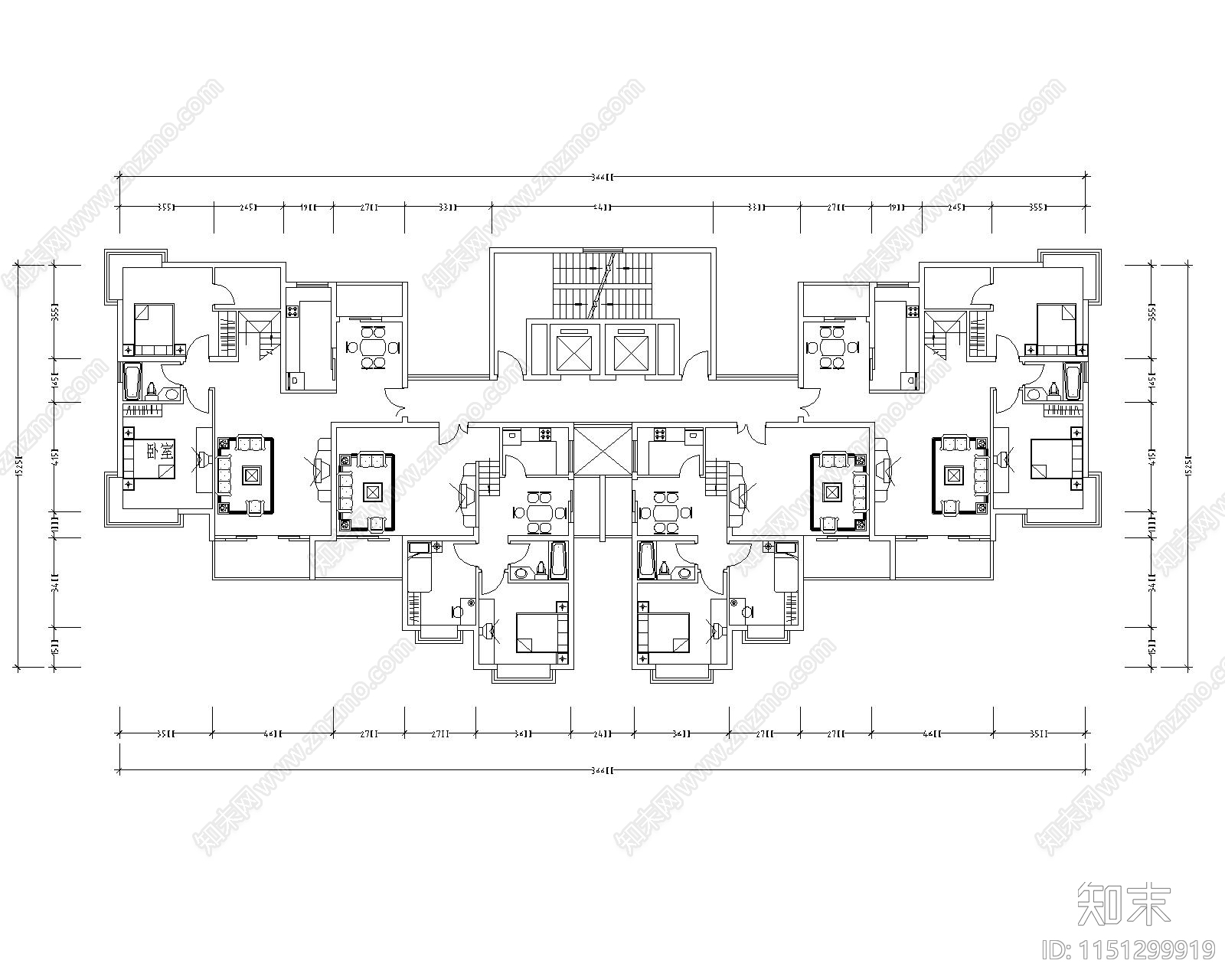 现代高层住宅一梯四户户型建筑平面图施工图下载【ID:1151299919】