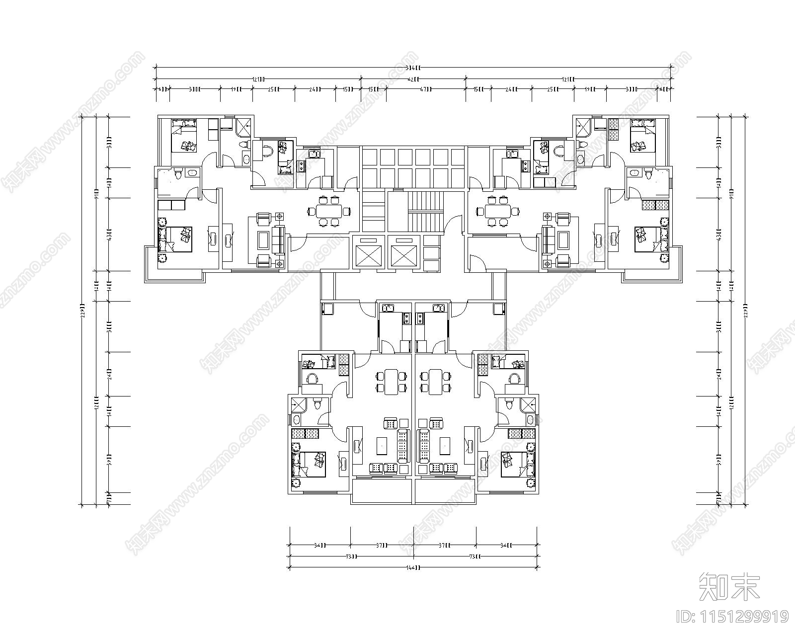 现代高层住宅一梯四户户型建筑平面图施工图下载【ID:1151299919】