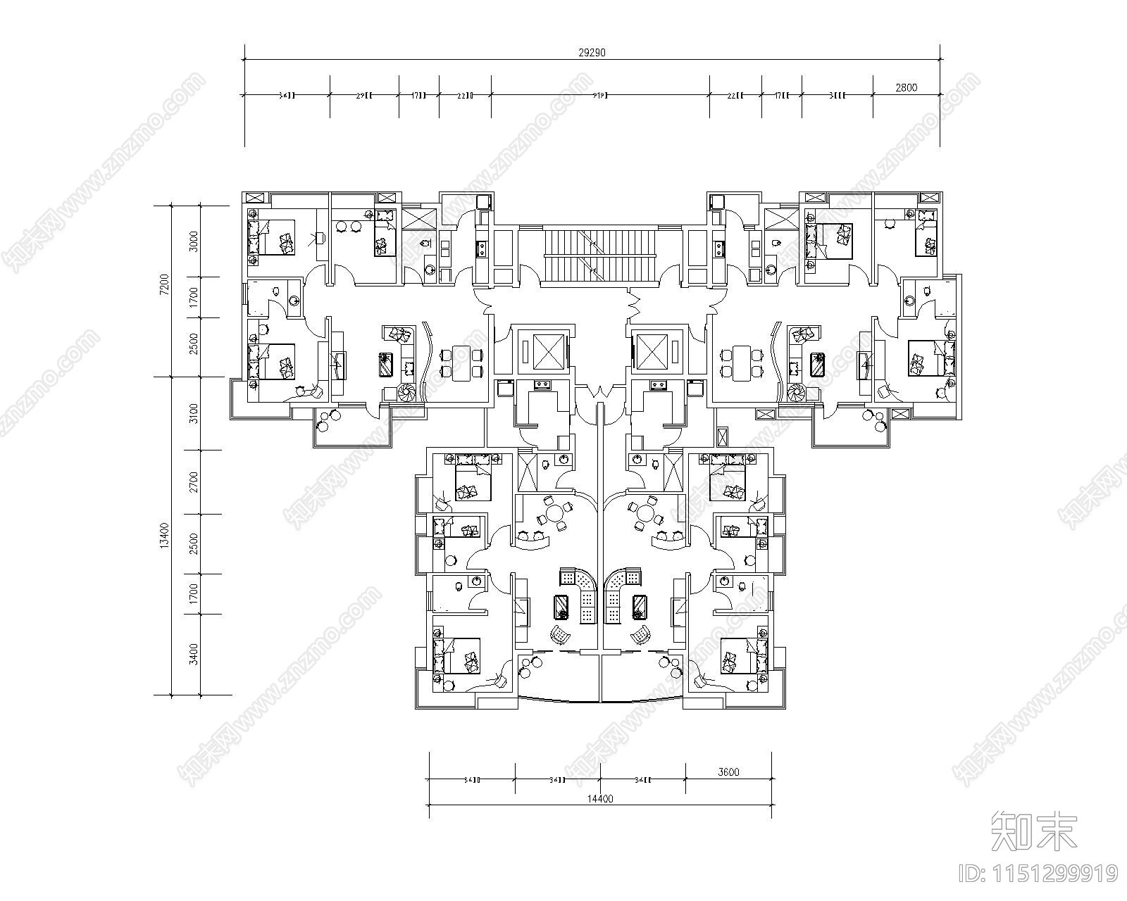 现代高层住宅一梯四户户型建筑平面图施工图下载【ID:1151299919】