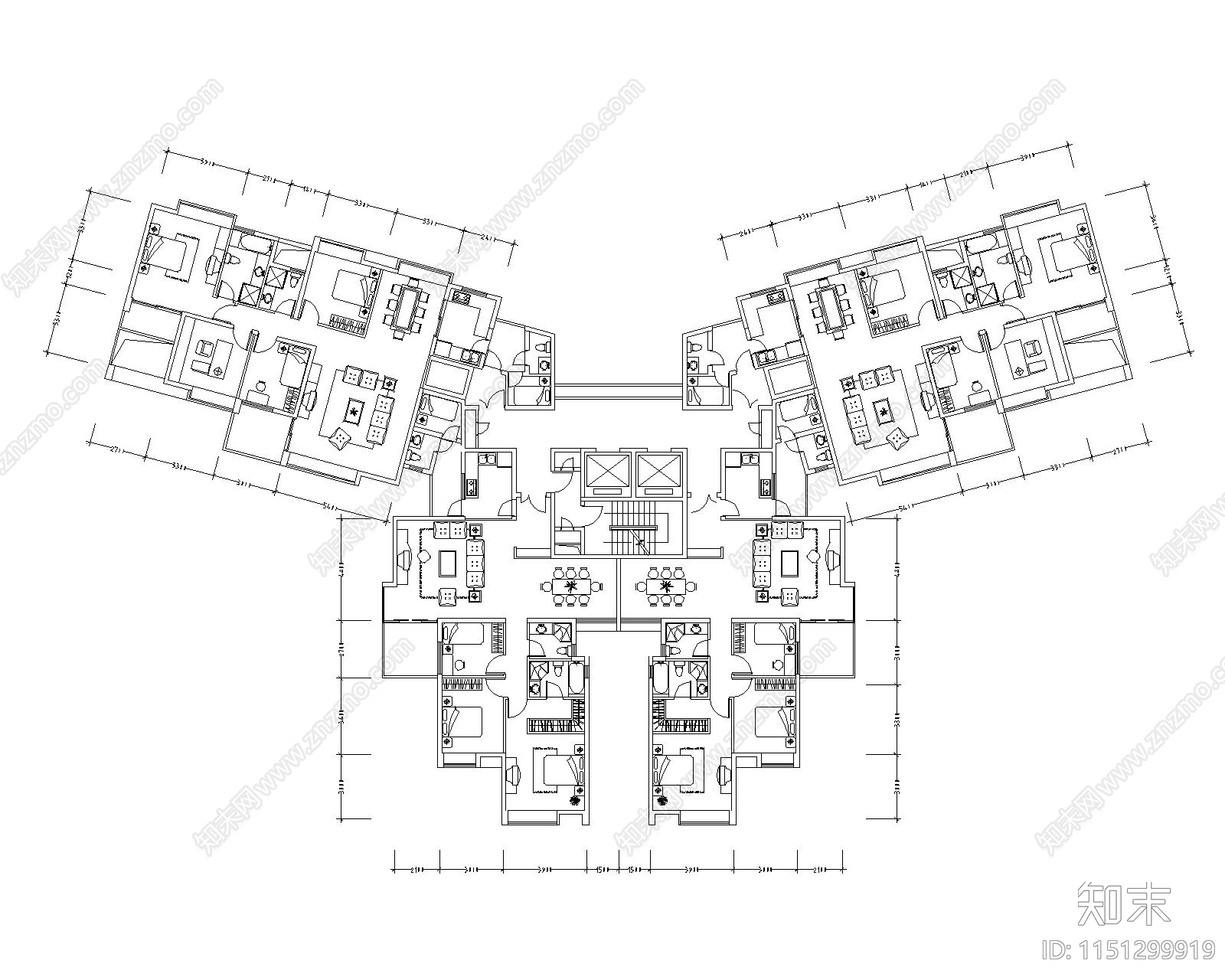 现代高层住宅一梯四户户型建筑平面图施工图下载【ID:1151299919】