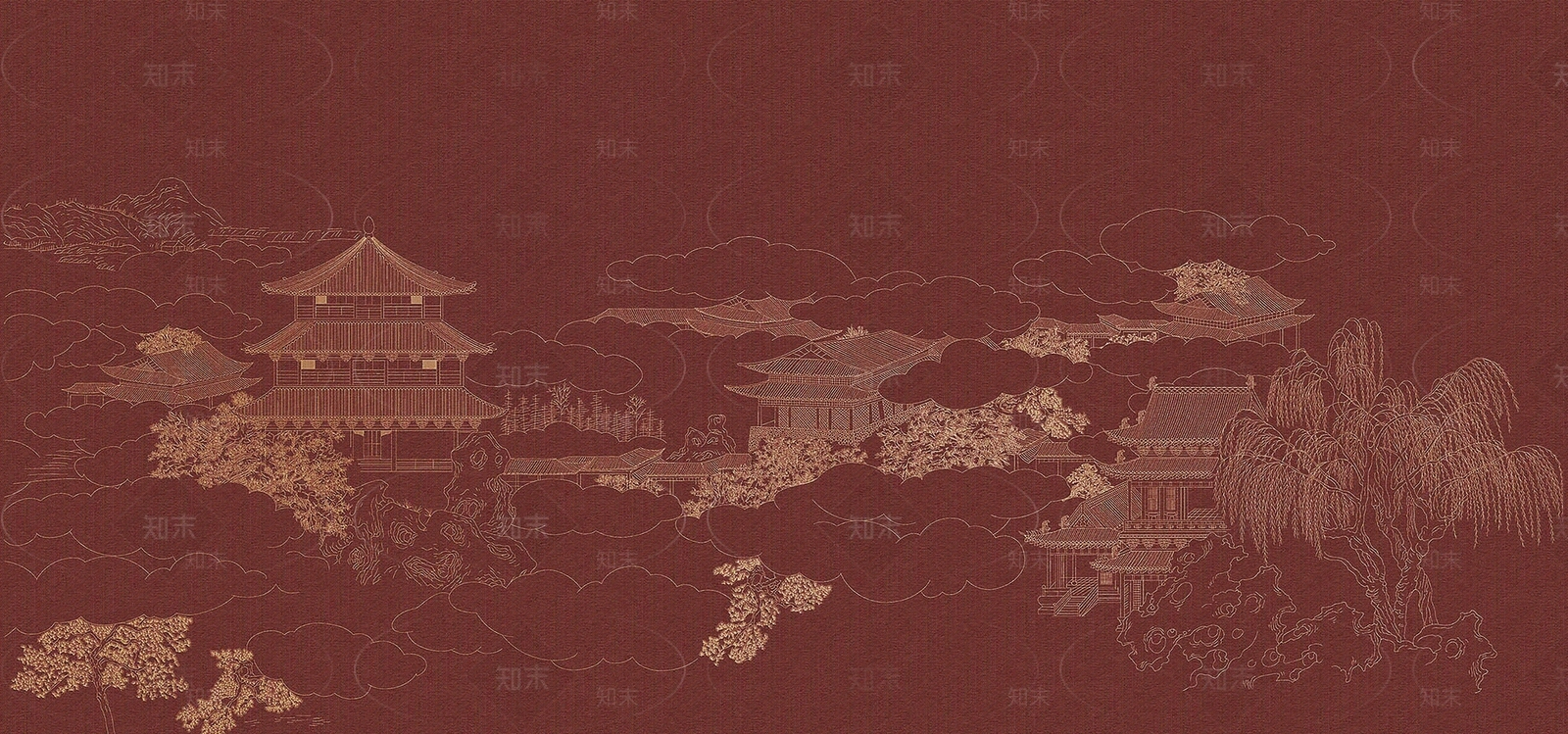 新中式深红色宫阙画壁纸贴图下载【ID:1151301539】