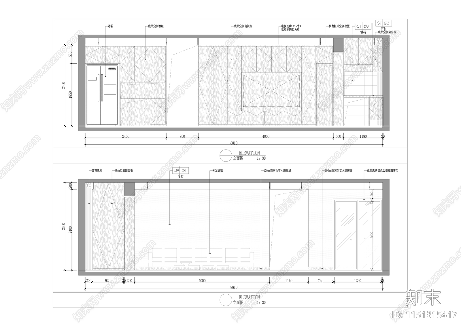 100平现代大平层室内cad施工图下载【ID:1151315417】