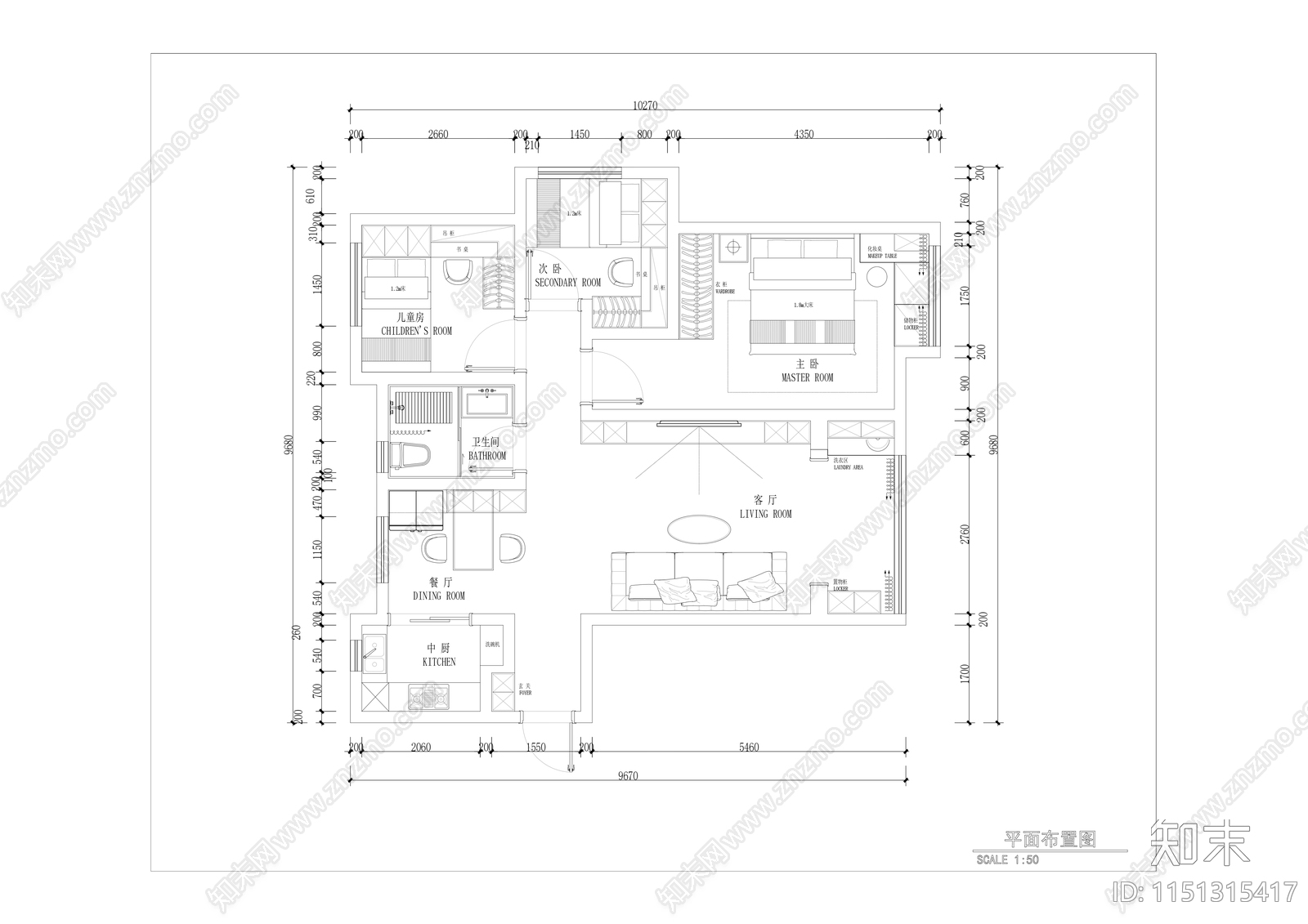 100平现代大平层室内cad施工图下载【ID:1151315417】