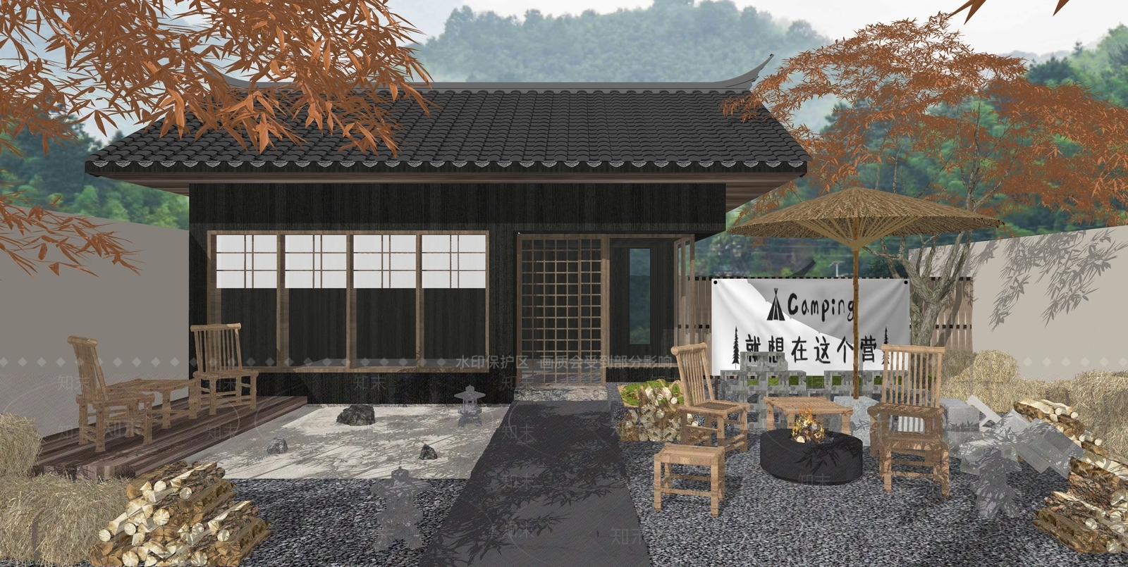新中式乡村民宿庭院景观SU模型下载【ID:1151315321】