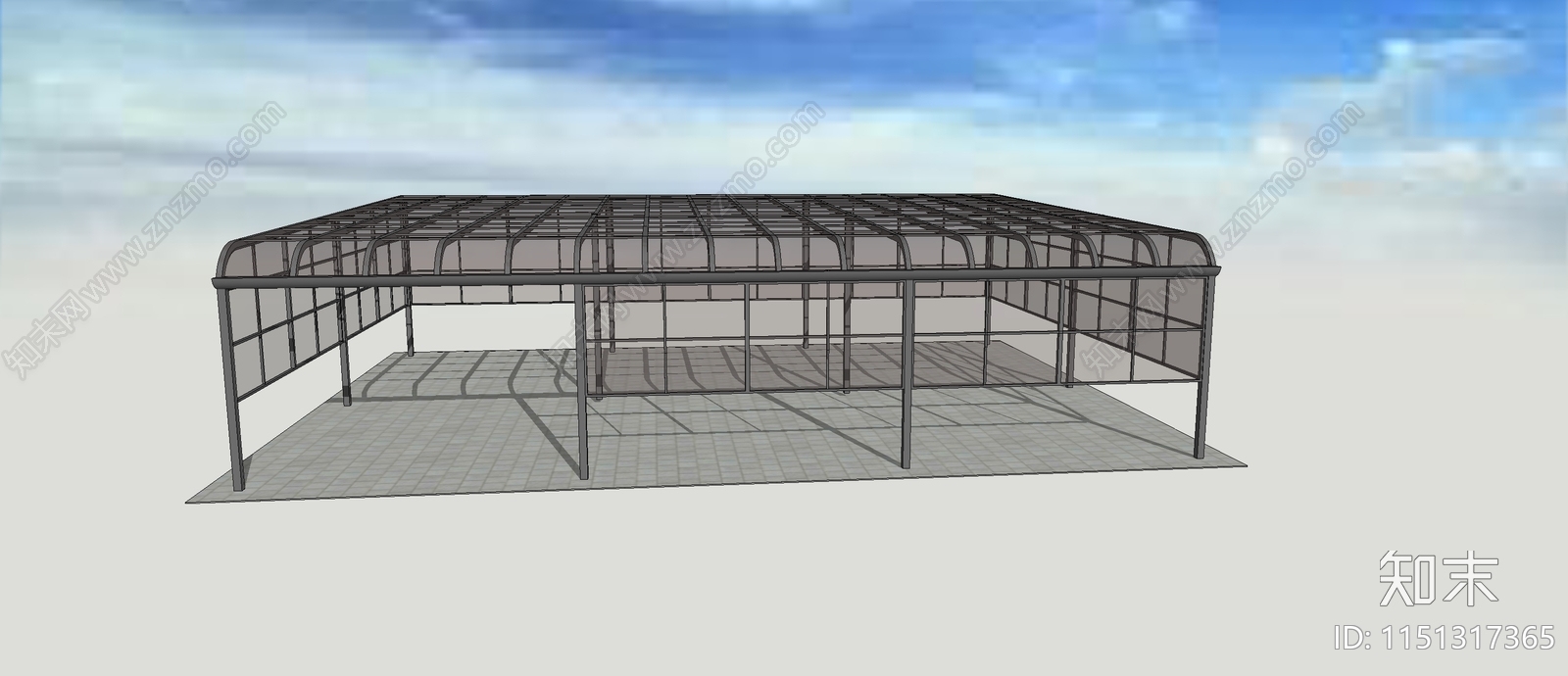 现代半封闭前弧形铝合金雨棚SU模型下载【ID:1151317365】