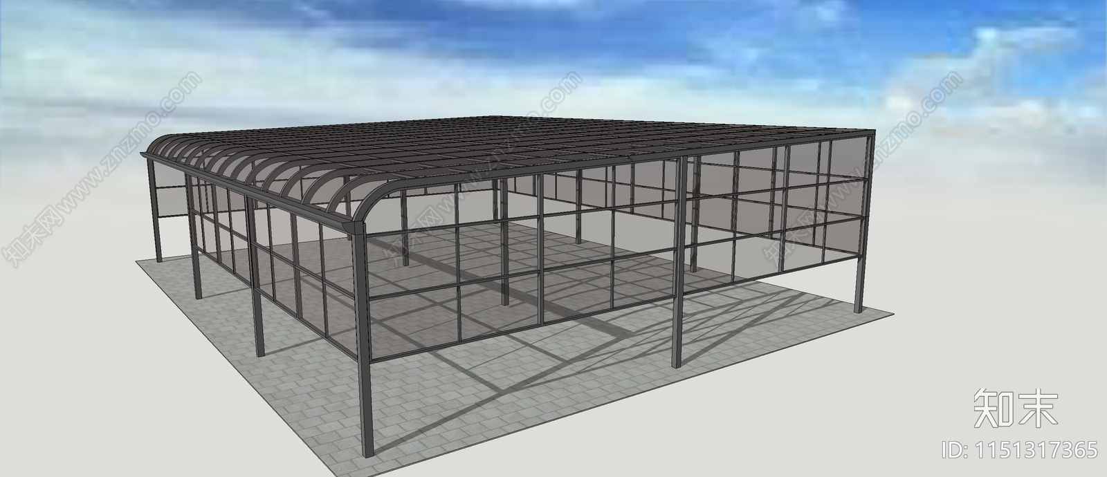 现代半封闭前弧形铝合金雨棚SU模型下载【ID:1151317365】