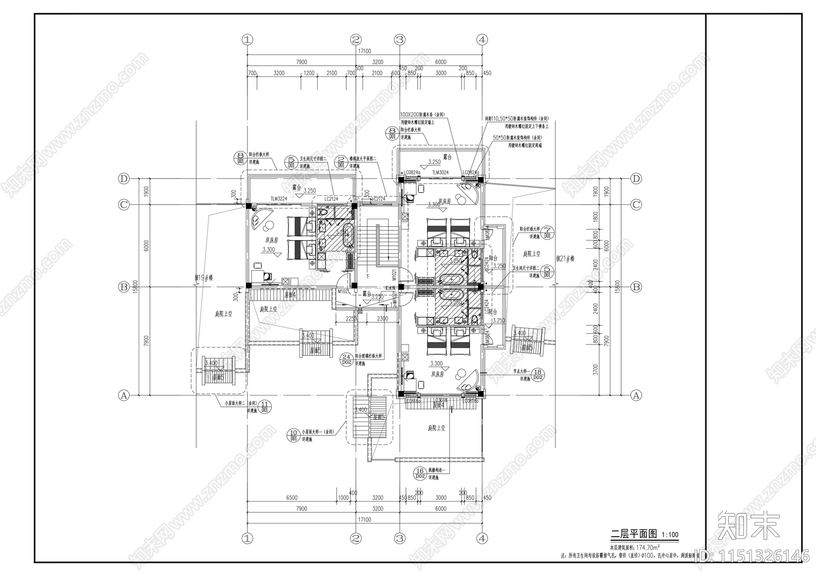 2层中式民宿建筑cad施工图下载【ID:1151326146】