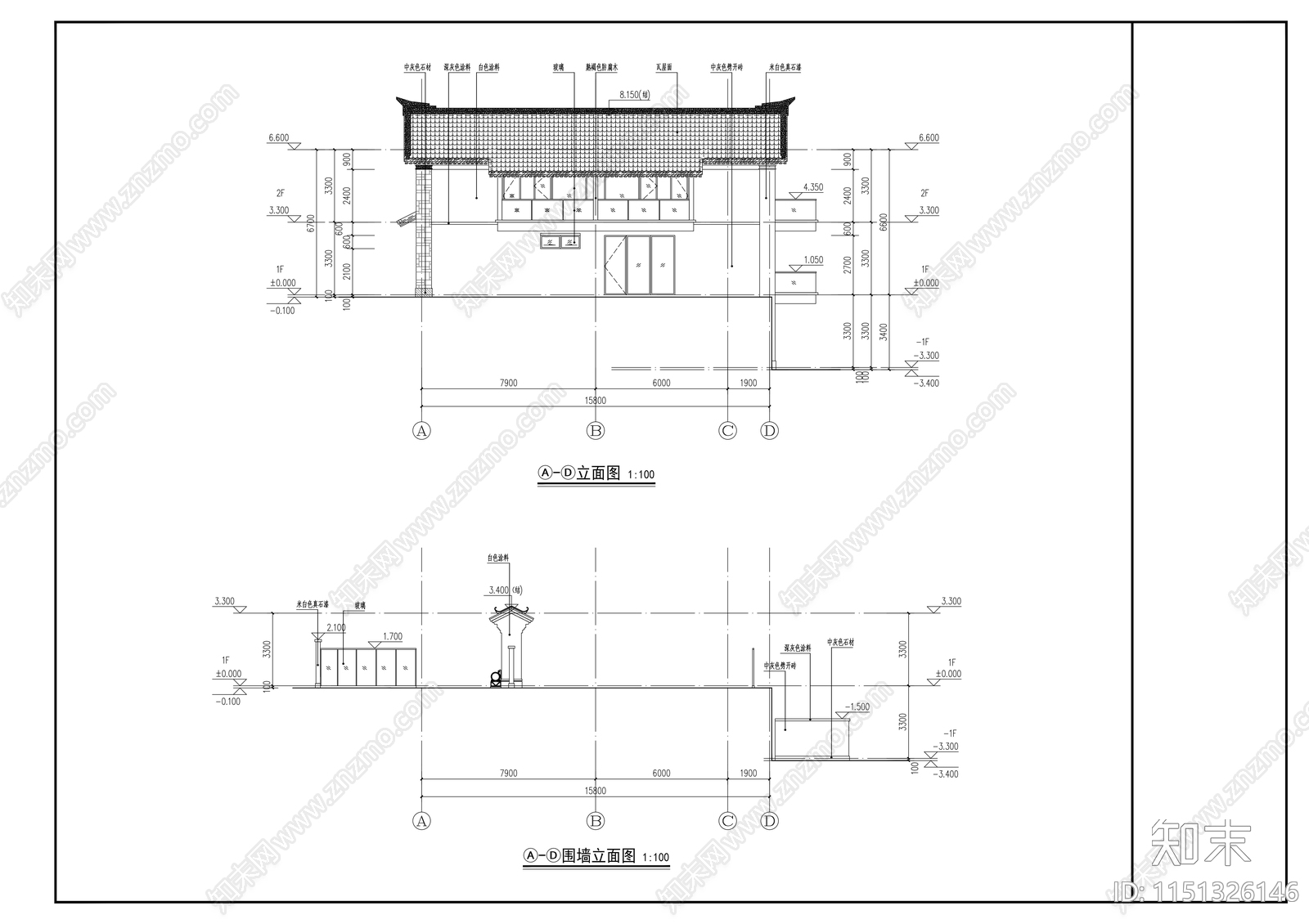 2层中式民宿建筑cad施工图下载【ID:1151326146】