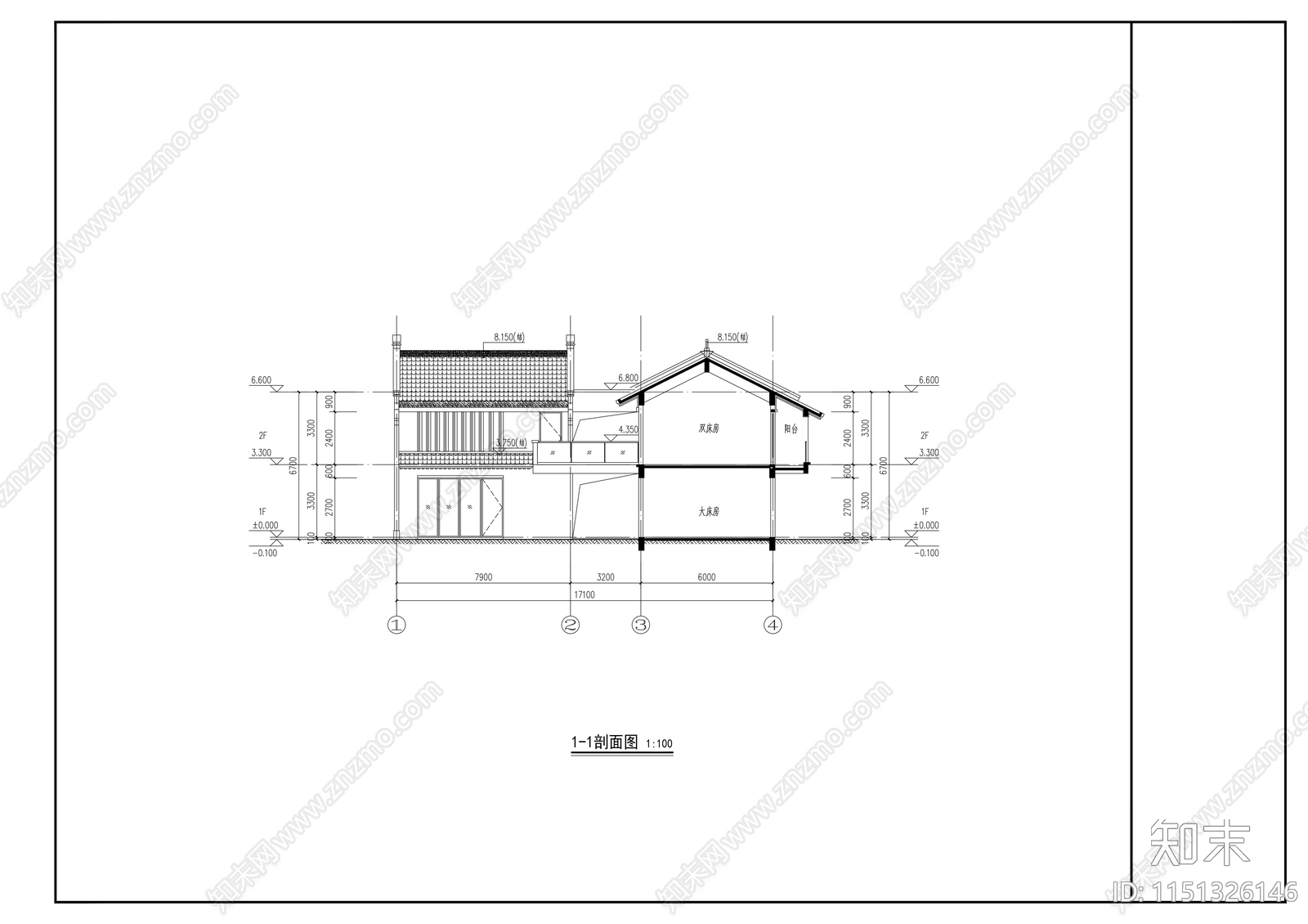 2层中式民宿建筑cad施工图下载【ID:1151326146】