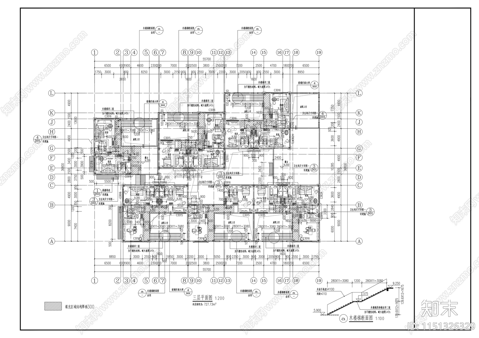 民宿建筑cad施工图下载【ID:1151326329】