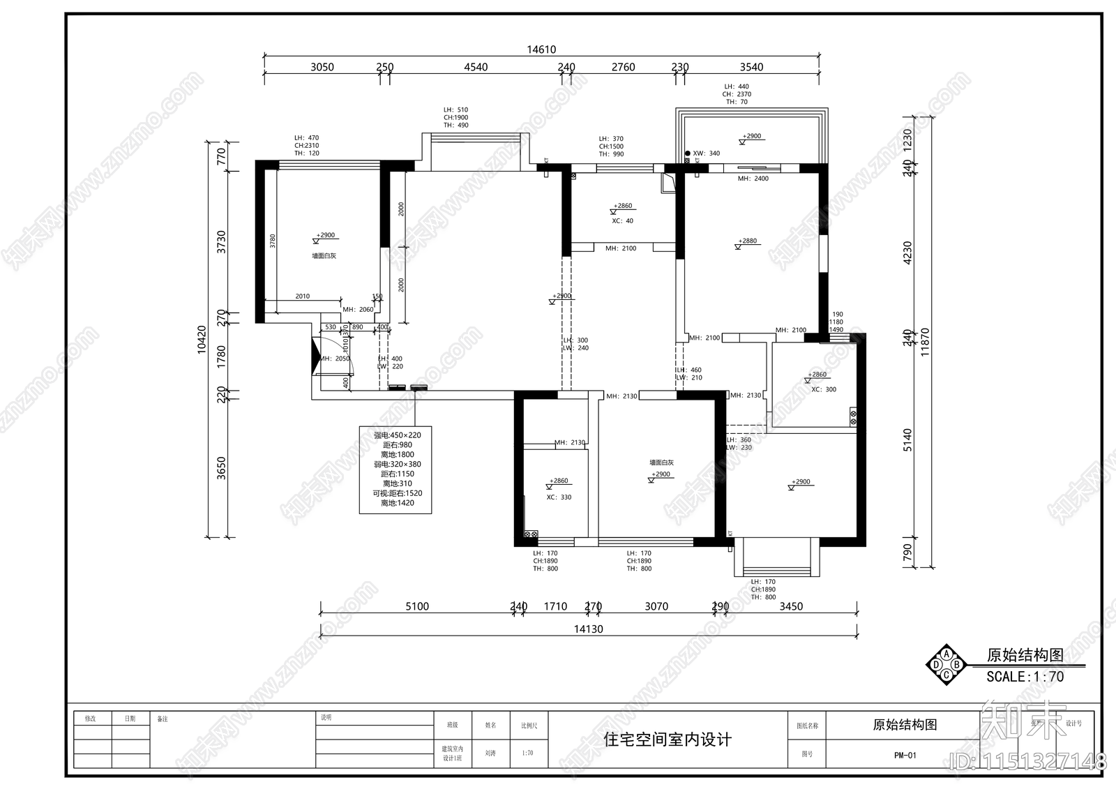 三室一厅平层室内cad施工图下载【ID:1151327148】