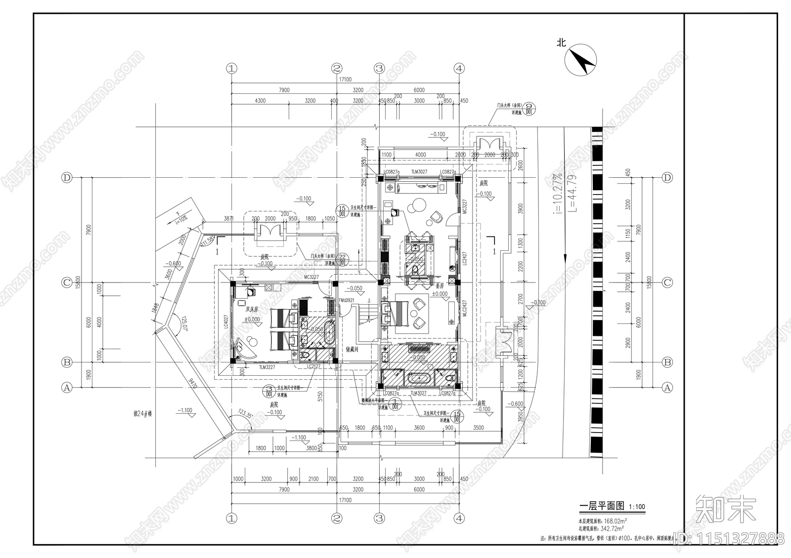 民宿建筑cad施工图下载【ID:1151327888】