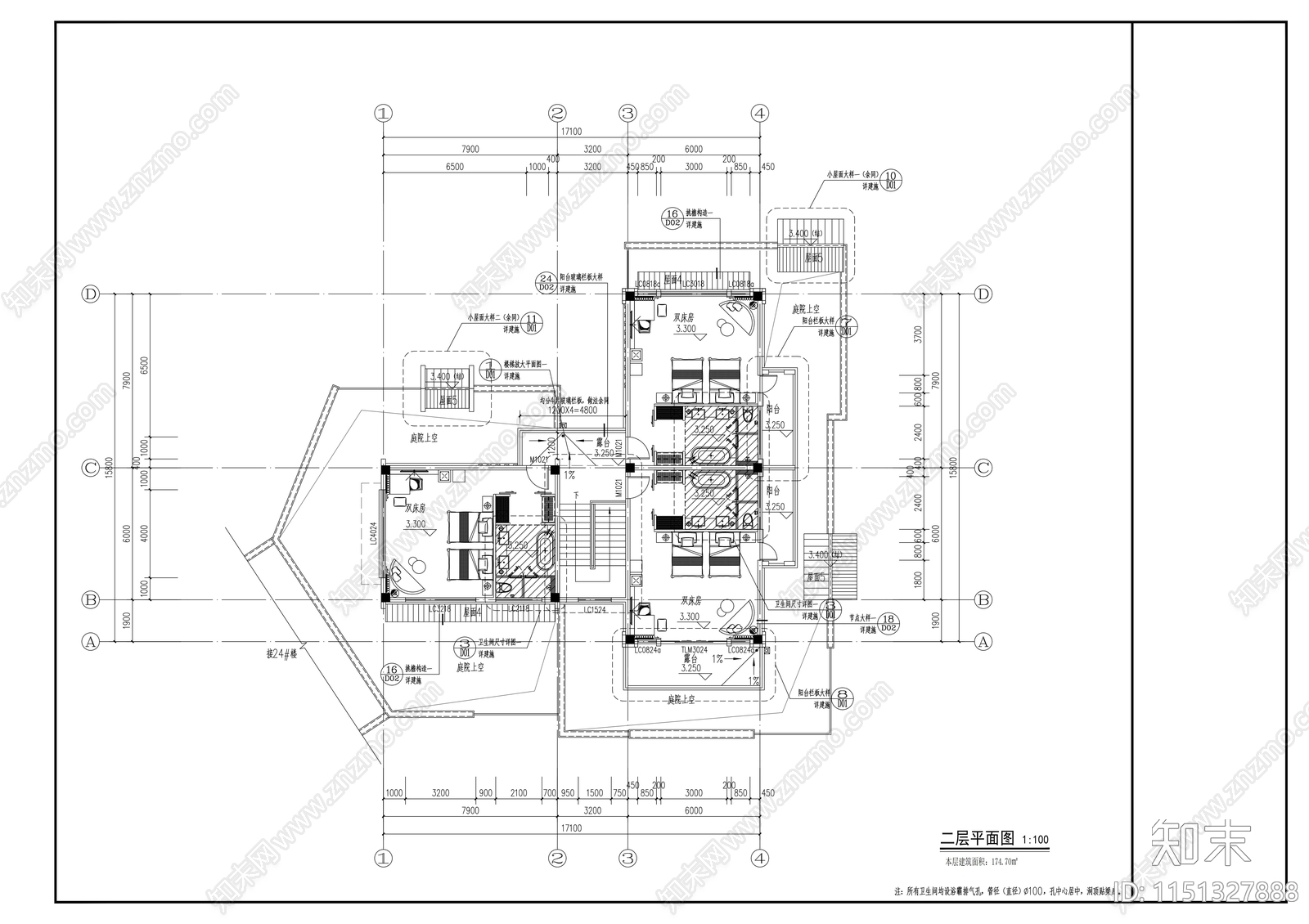 民宿建筑cad施工图下载【ID:1151327888】