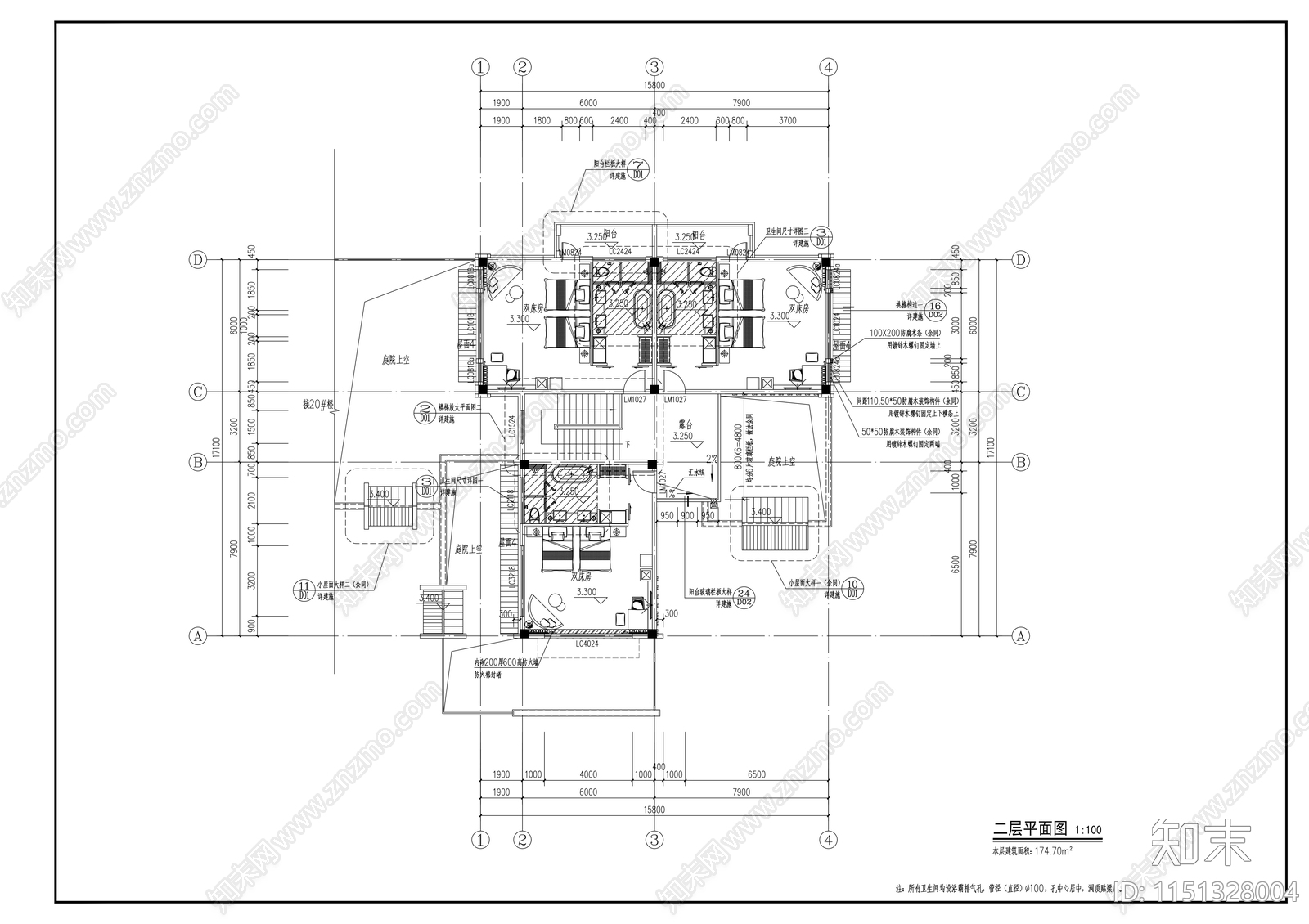 乡村中式民宿cad施工图下载【ID:1151328004】