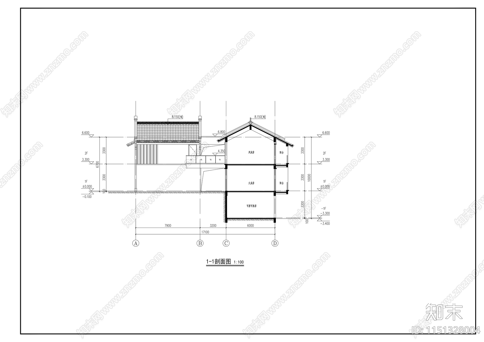 乡村中式民宿cad施工图下载【ID:1151328004】