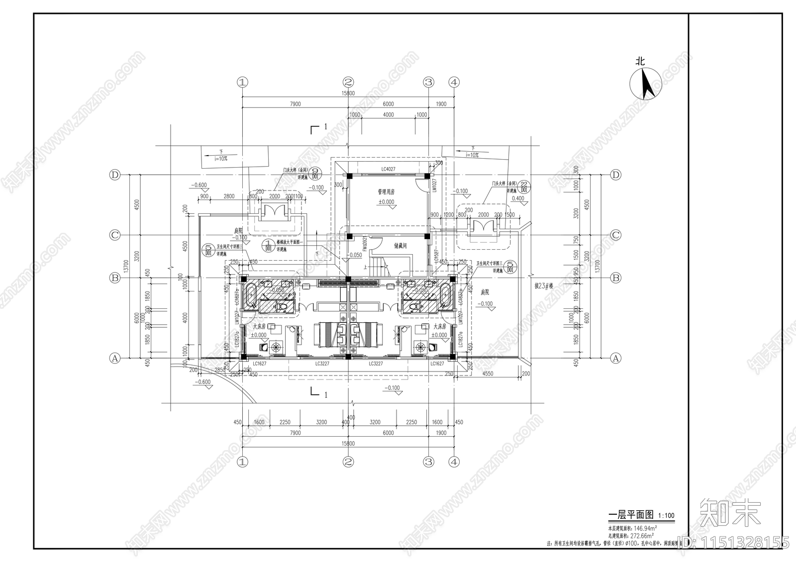 小户型民宿建筑cad施工图下载【ID:1151328155】