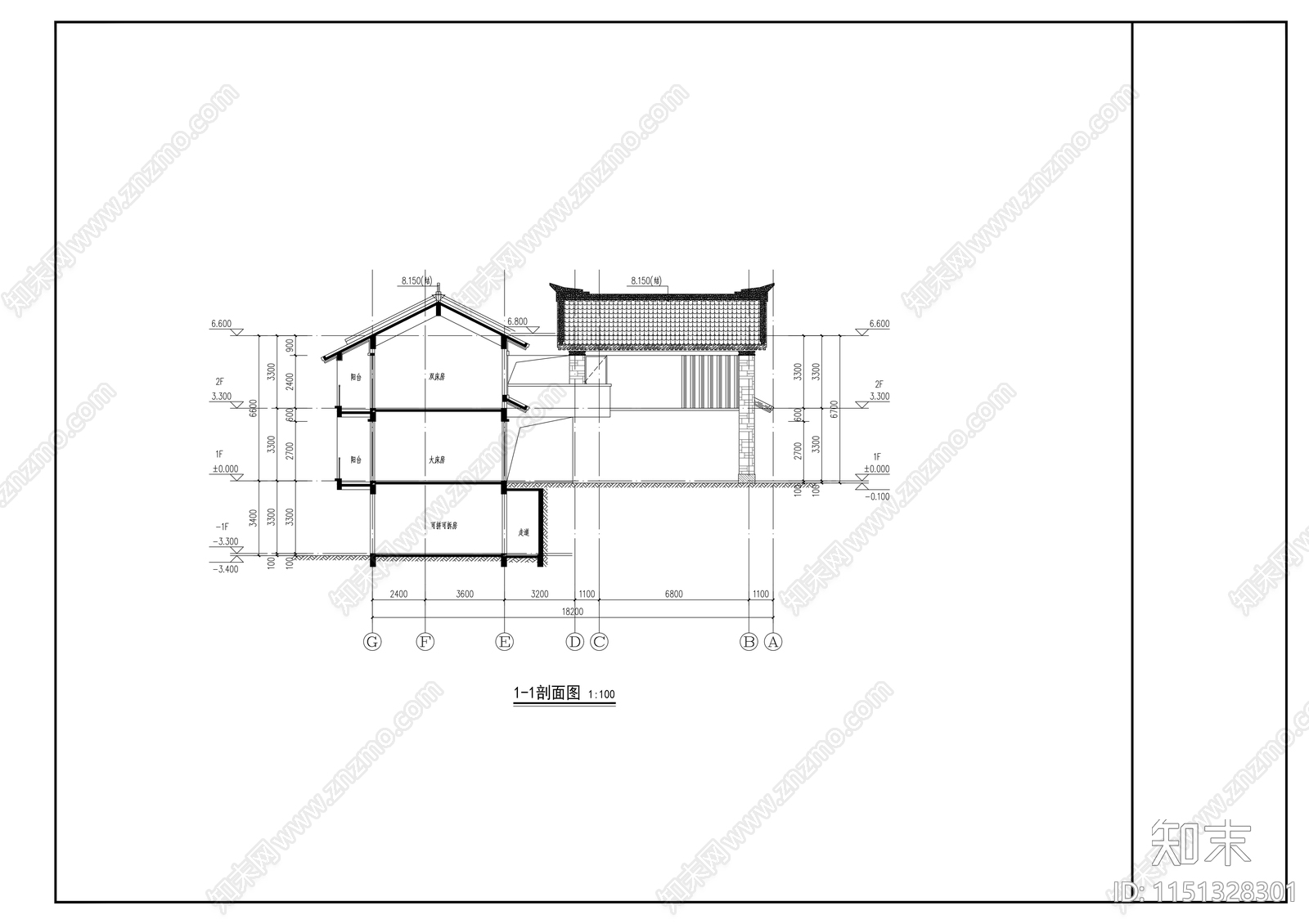中式民宿建筑cad施工图下载【ID:1151328301】
