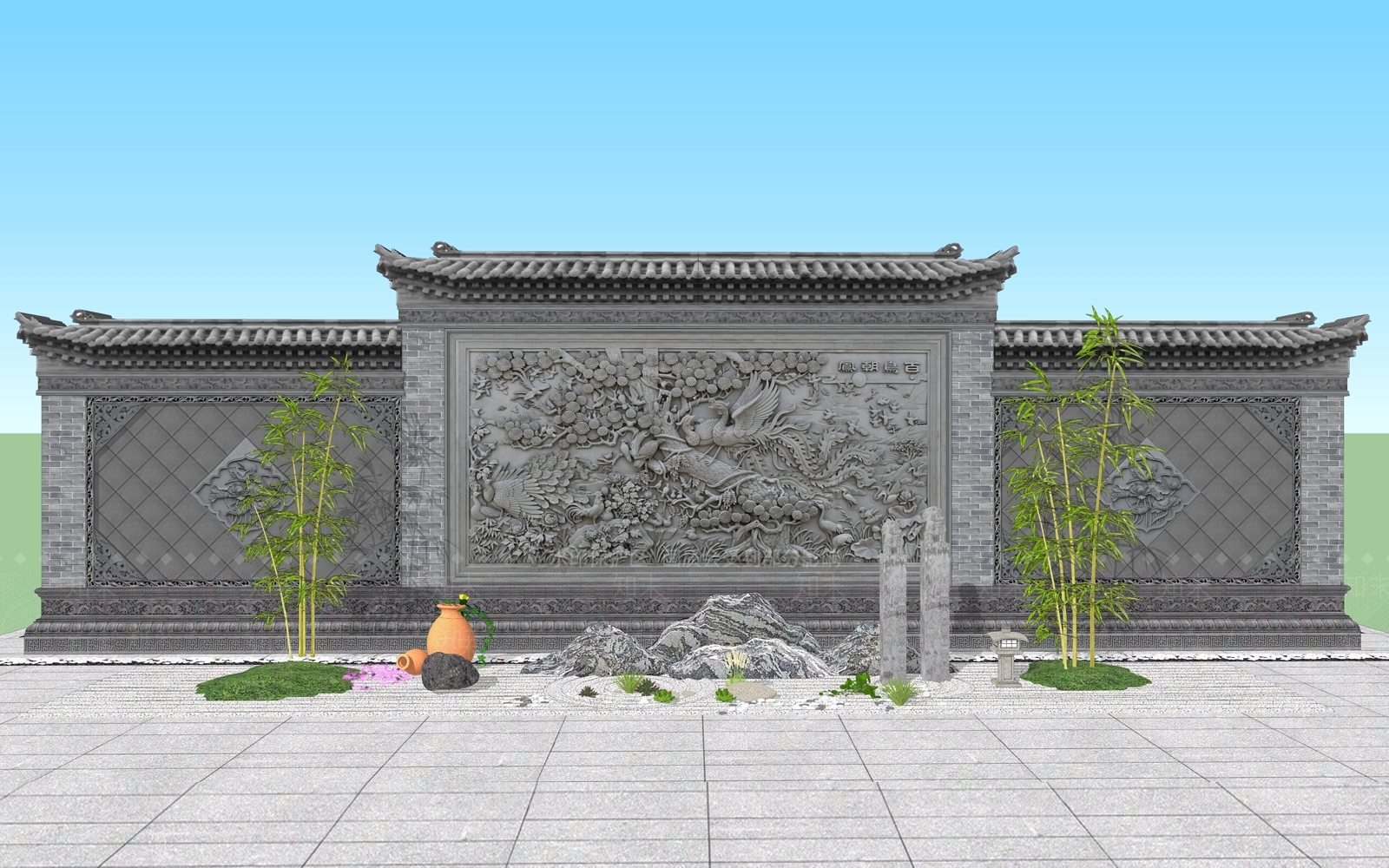 中式景墙围墙SU模型下载【ID:1151333021】