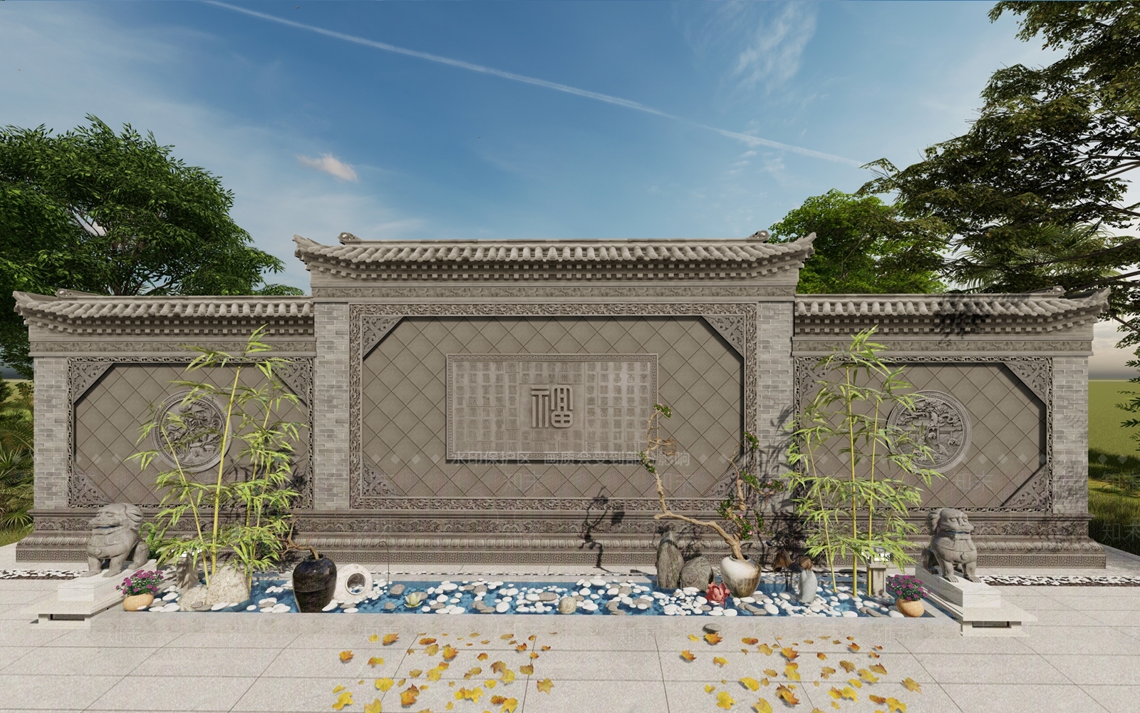 中式景墙围墙SU模型下载【ID:1151333021】