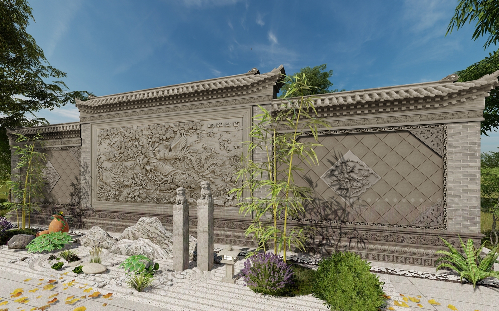 中式景墙围墙SU模型下载【ID:1151333021】