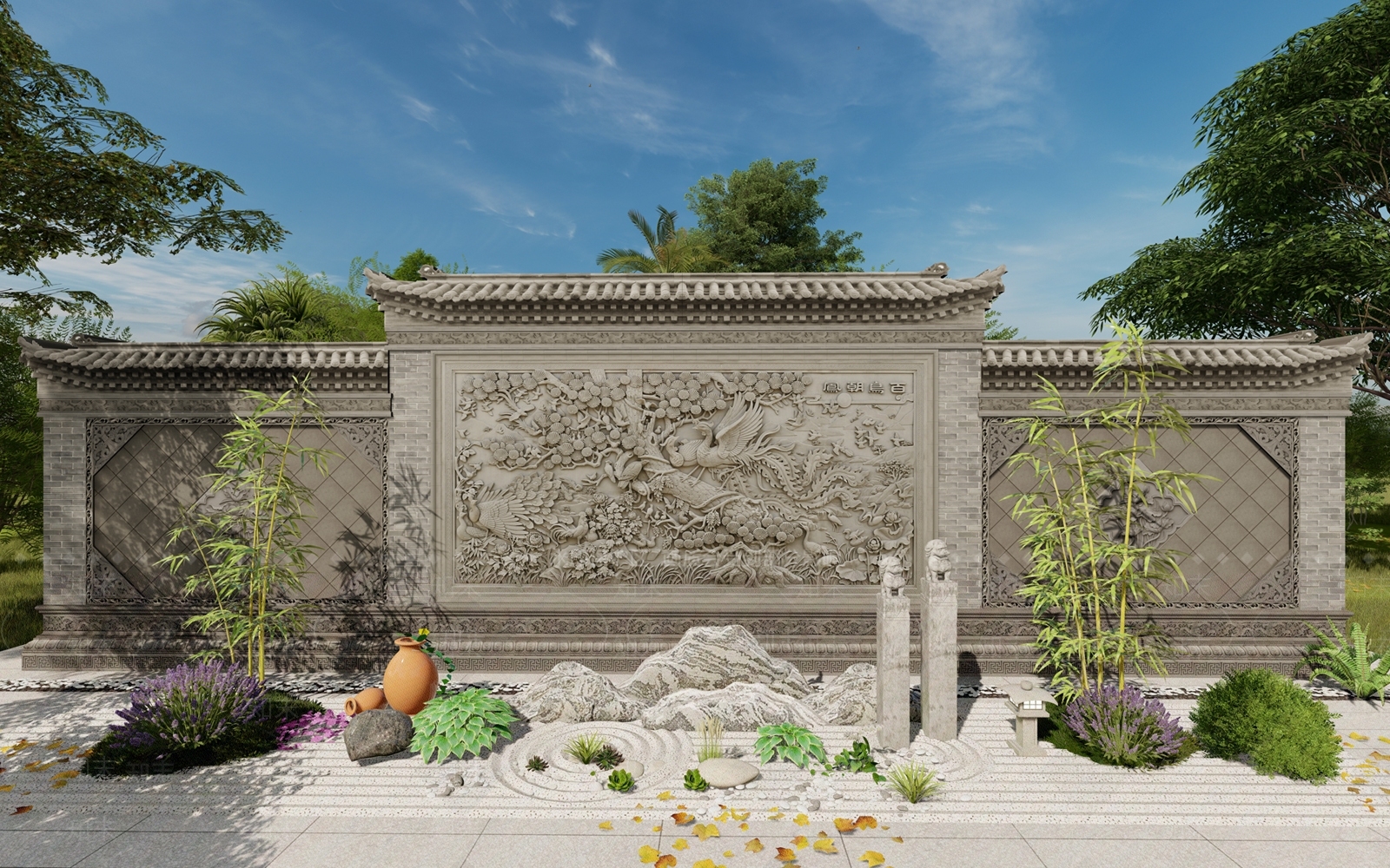 中式景墙围墙SU模型下载【ID:1151333021】