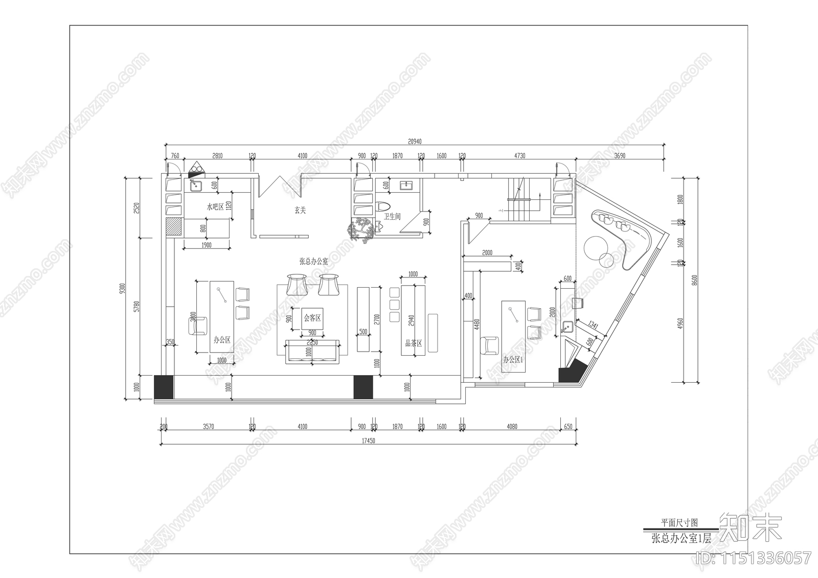 现代独立办公室室内cad施工图下载【ID:1151336057】