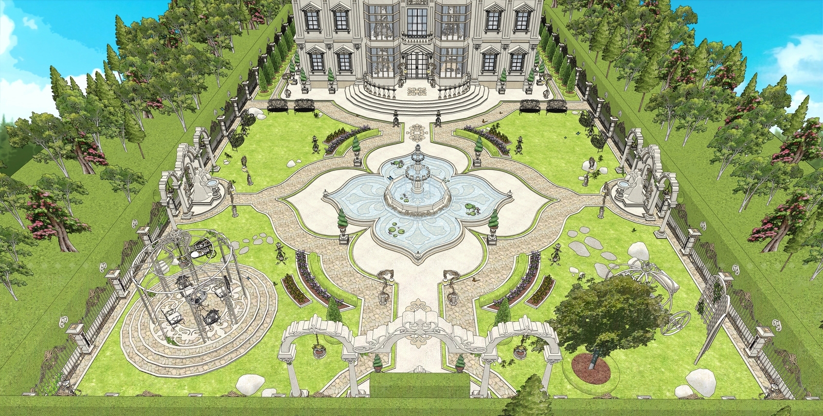 欧式豪华别墅庭院景观SU模型下载【ID:1151336385】