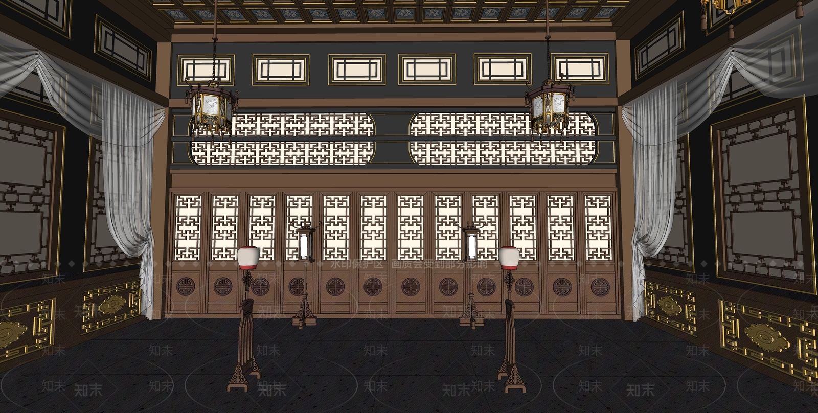 中式月亮门走廊SU模型下载【ID:1151338045】
