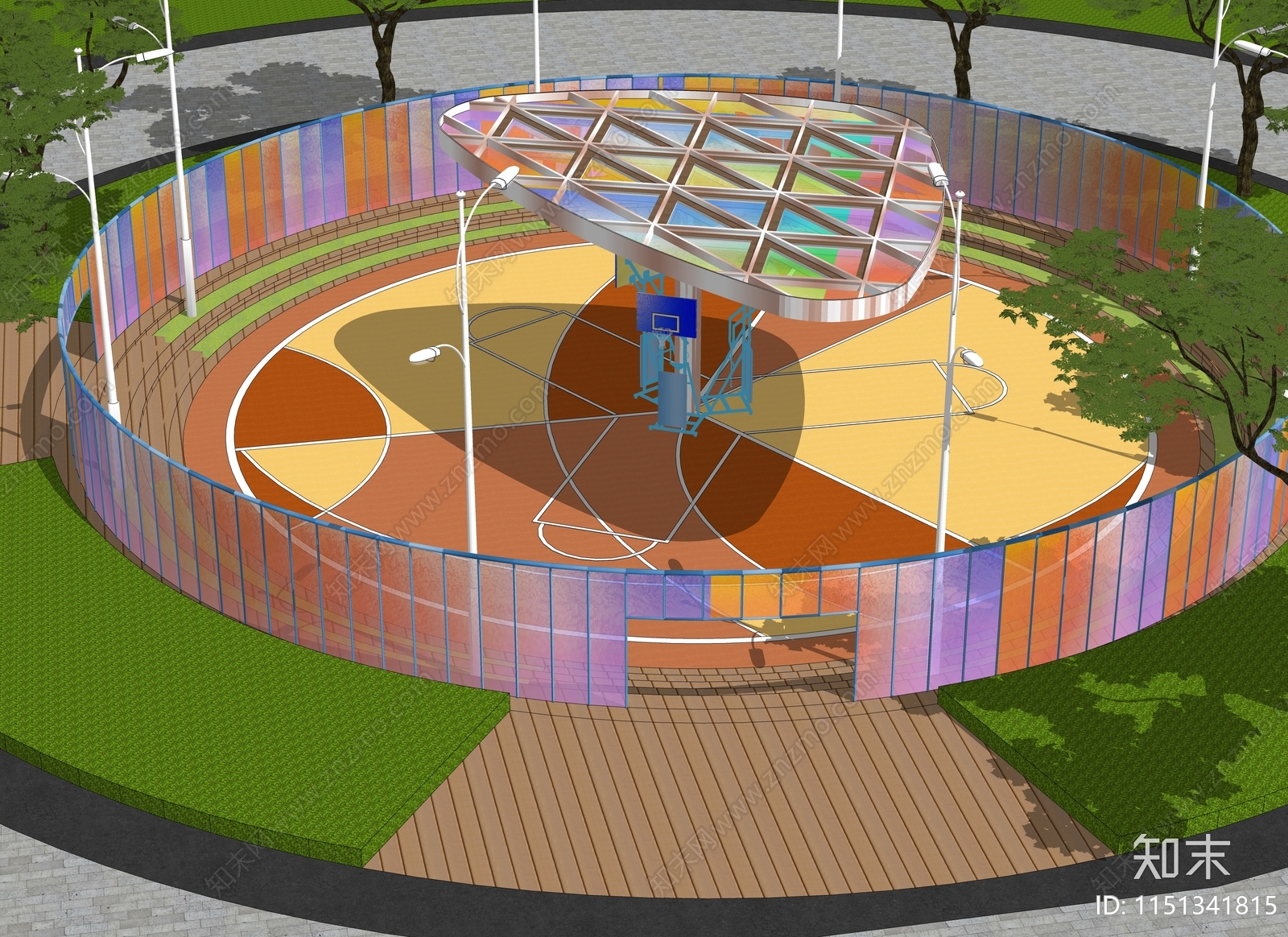 现代街角圆形篮球场SU模型下载【ID:1151341815】