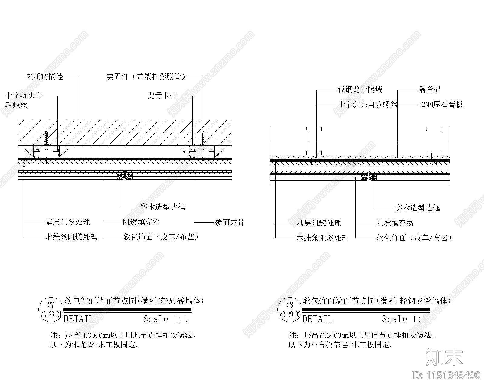 软包饰面墙面节点图施工图下载【ID:1151343490】